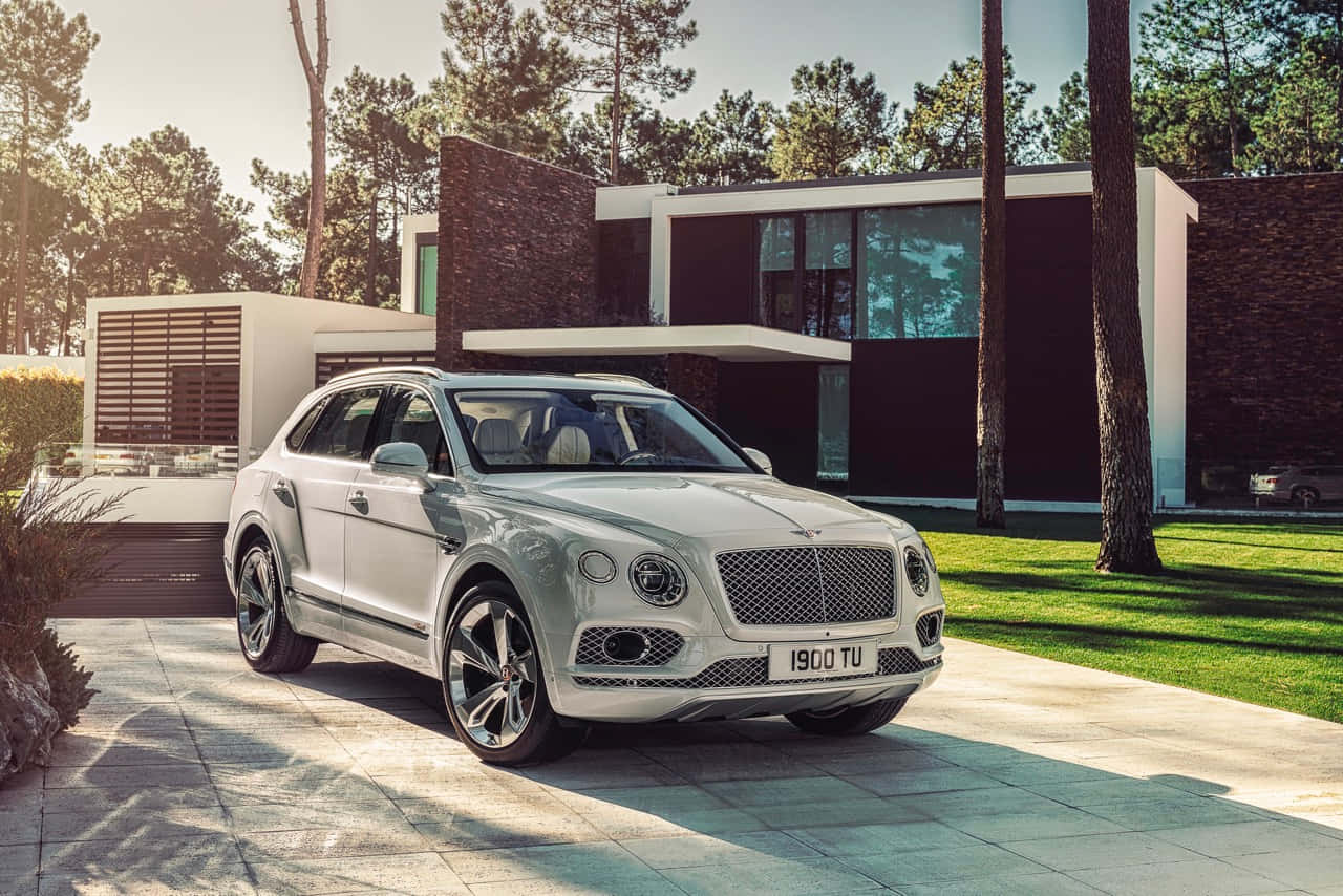 Bentley Bentayga 桌布 壁紙 — 一架時尚的銀色賓利 Bentayga SUV 停泊在現代住宅前的石頭車道上，周圍環繞著高大的松樹。