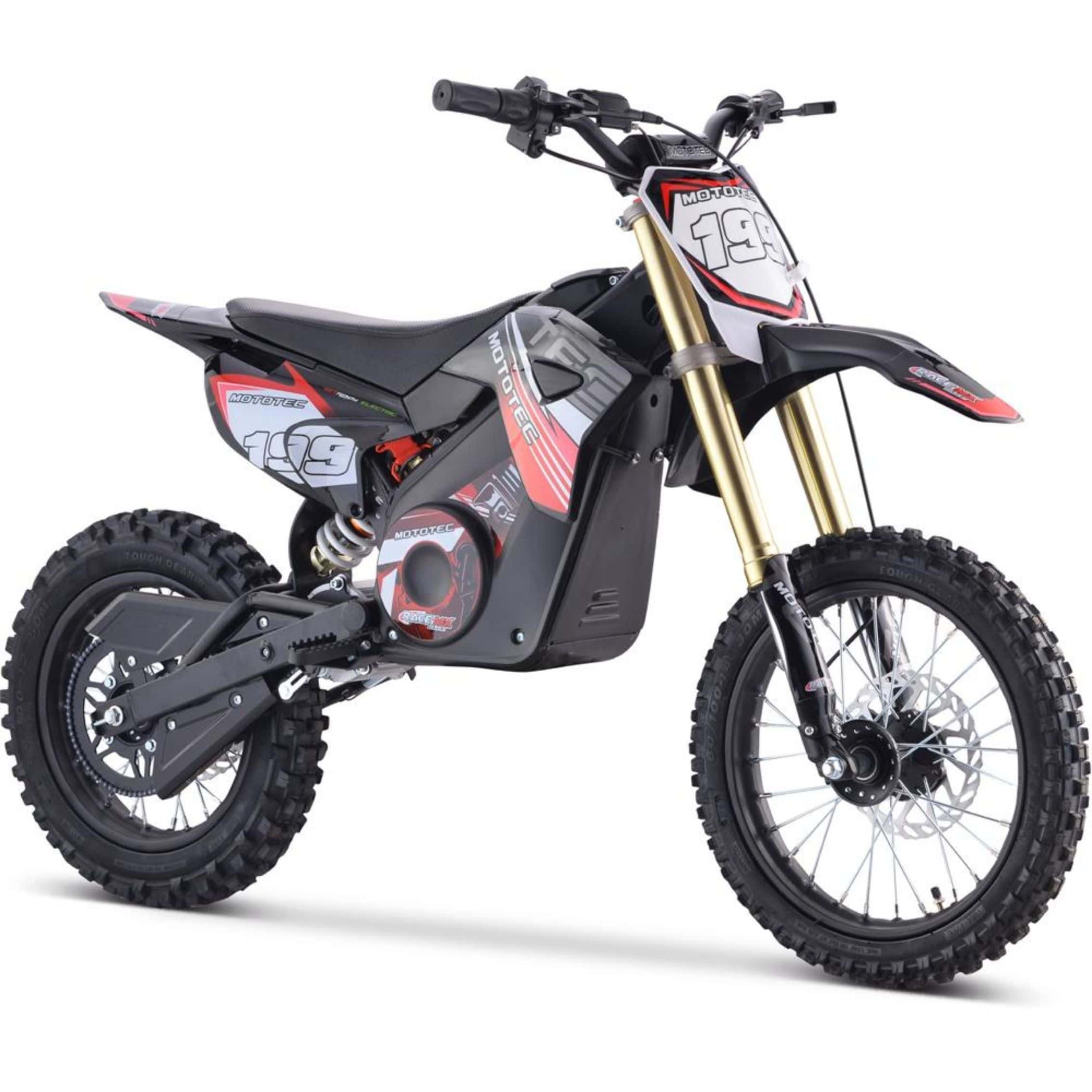 Dirtbike 桌布 壁紙 — 一架時尚的黑色、紅色和金色電動越野電單車，帶有號碼199，在潔白的背景前蓄勢待發。