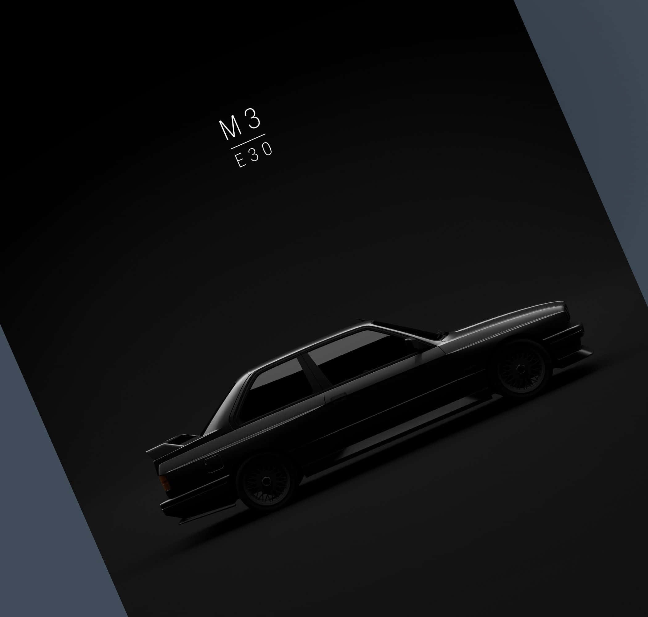 Minimalist Car 桌布 壁紙 — 一架時尚的黑色BMW M3 E30跑車在深色漸變背景上，配以極簡字體，散發著微妙的光芒。