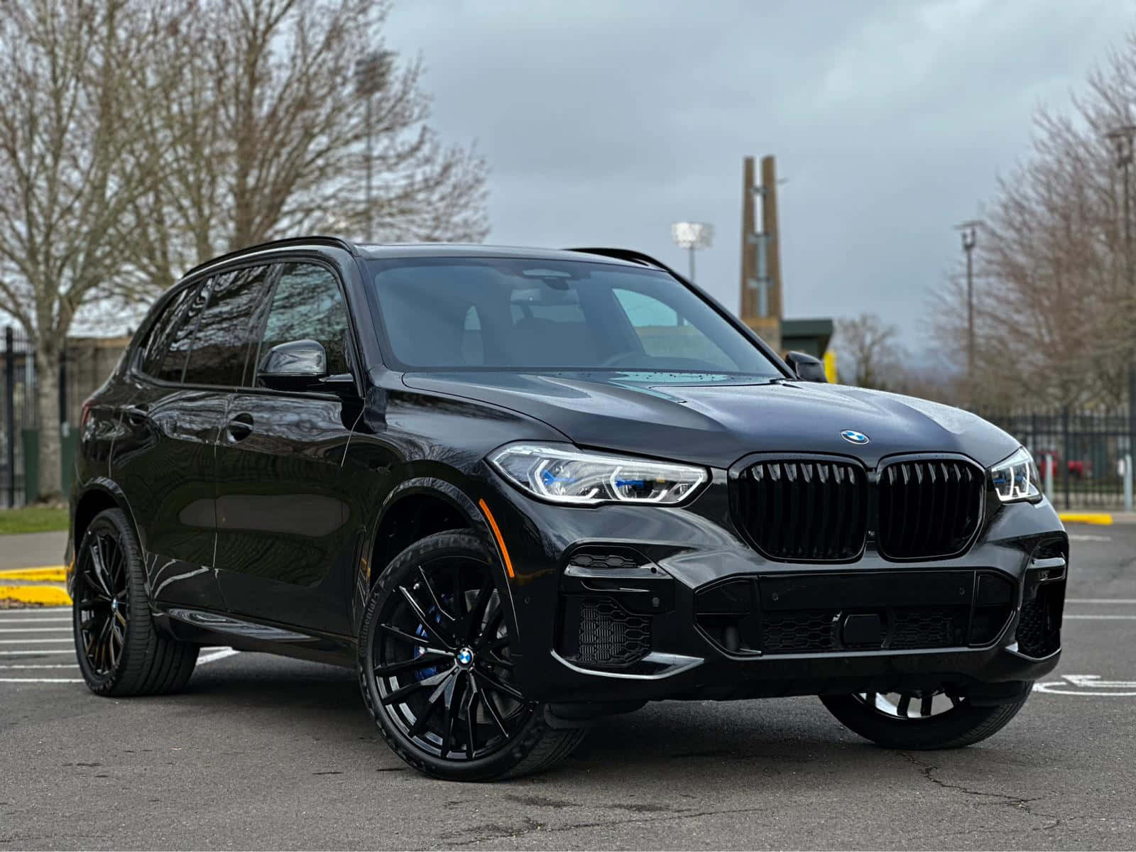 Bmw X5 桌布 壁紙 — 一架時尚的黑色BMW X5 SUV停泊在陰天的停車場，背景有光禿禿的樹木。