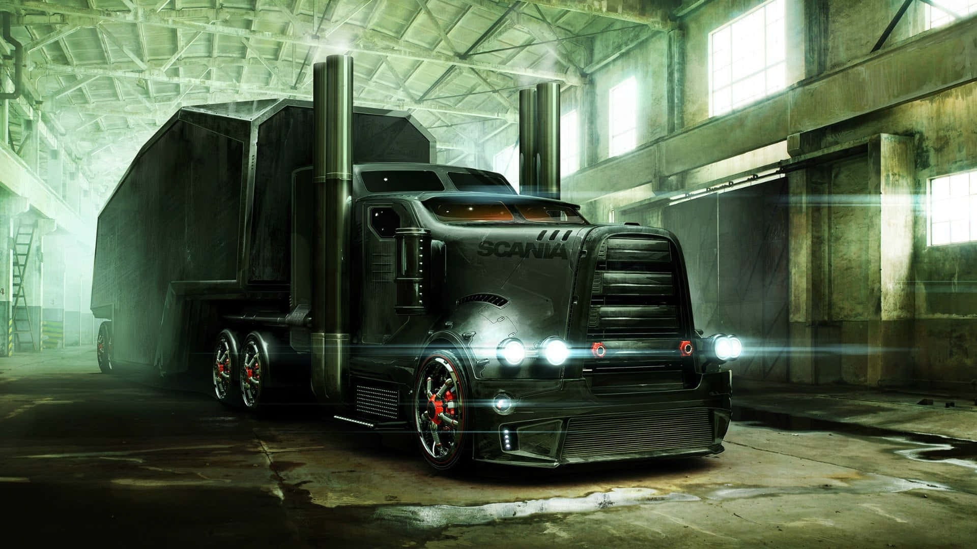 貨車 桌布 壁紙 — 一架時尚的黑色Scania半掛卡車，車頭燈閃爍，停放在一個佈滿灰塵、籠罩在綠色光線中的工業倉庫裡。