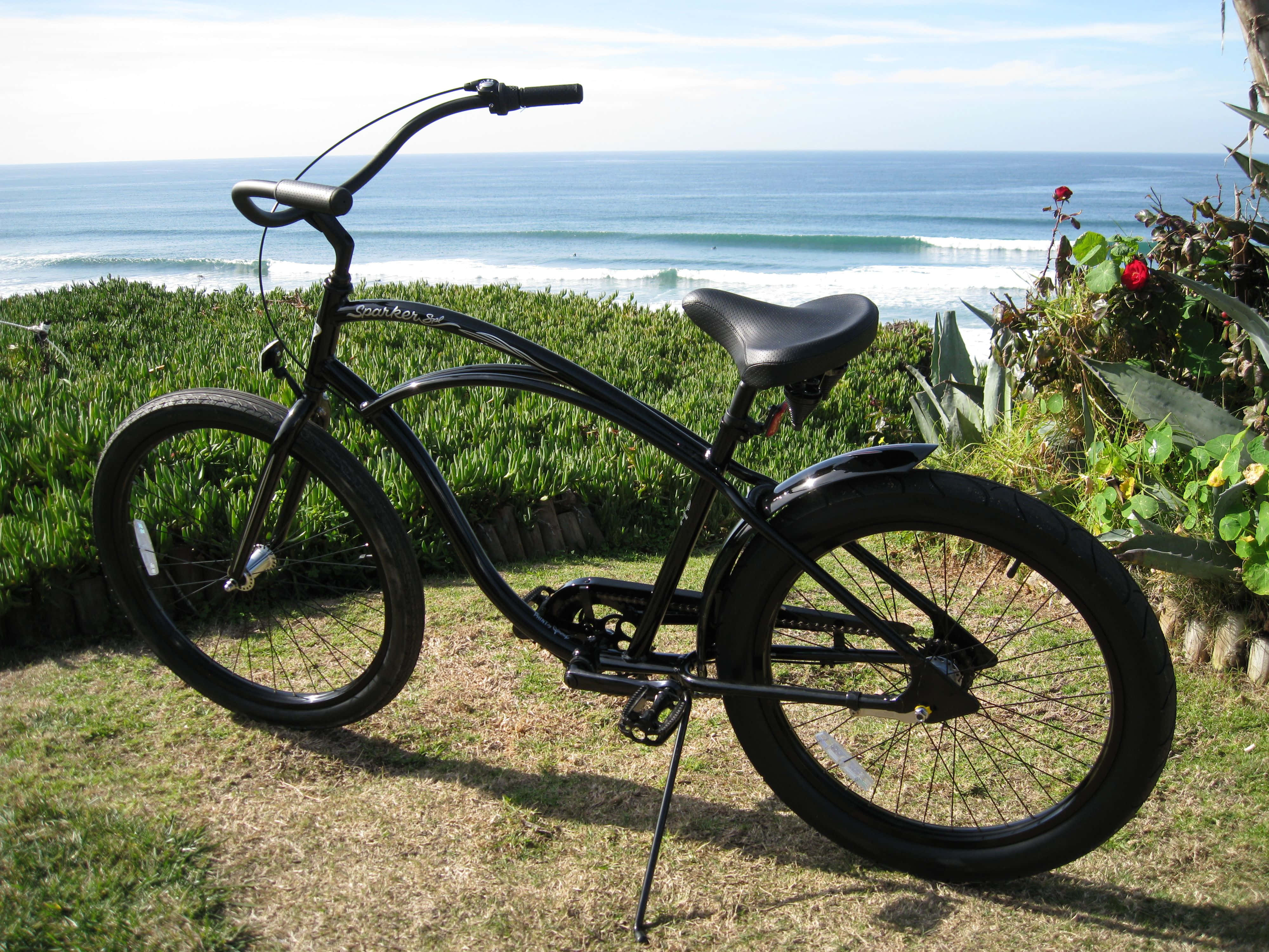 Beach Cruiser 桌布 壁紙 — 一架時尚的黑色沙灘巡航單車停在草地上，背景有海浪和綠色植物。