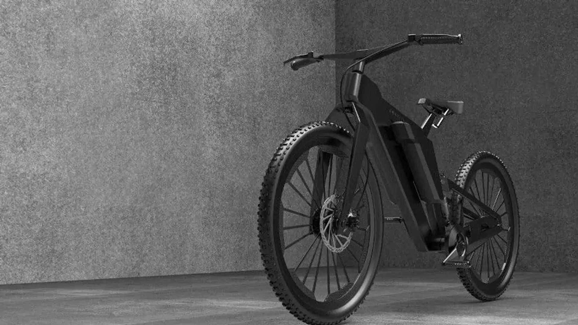 Electric Bike 桌布 壁紙 — 一架時尚的黑色電動山地單車矗立在簡約灰色混凝土房間中，牆壁和地板帶有紋理。
