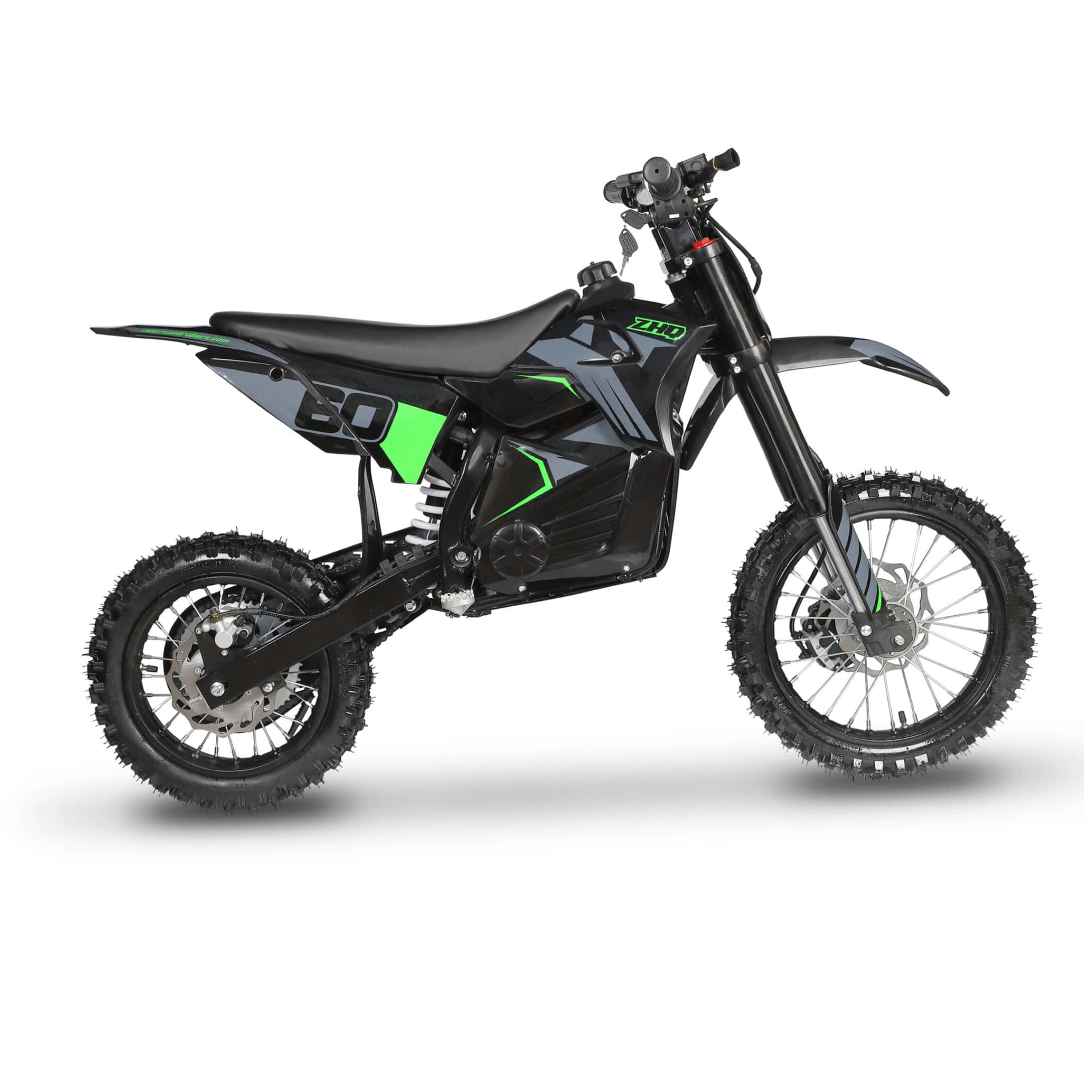 Dirtbike 桌布 壁紙 — 一架時尚的黑色電動越野電單車，帶有鮮綠色點綴和堅固的粒狀輪胎，準備好進行越野冒險。