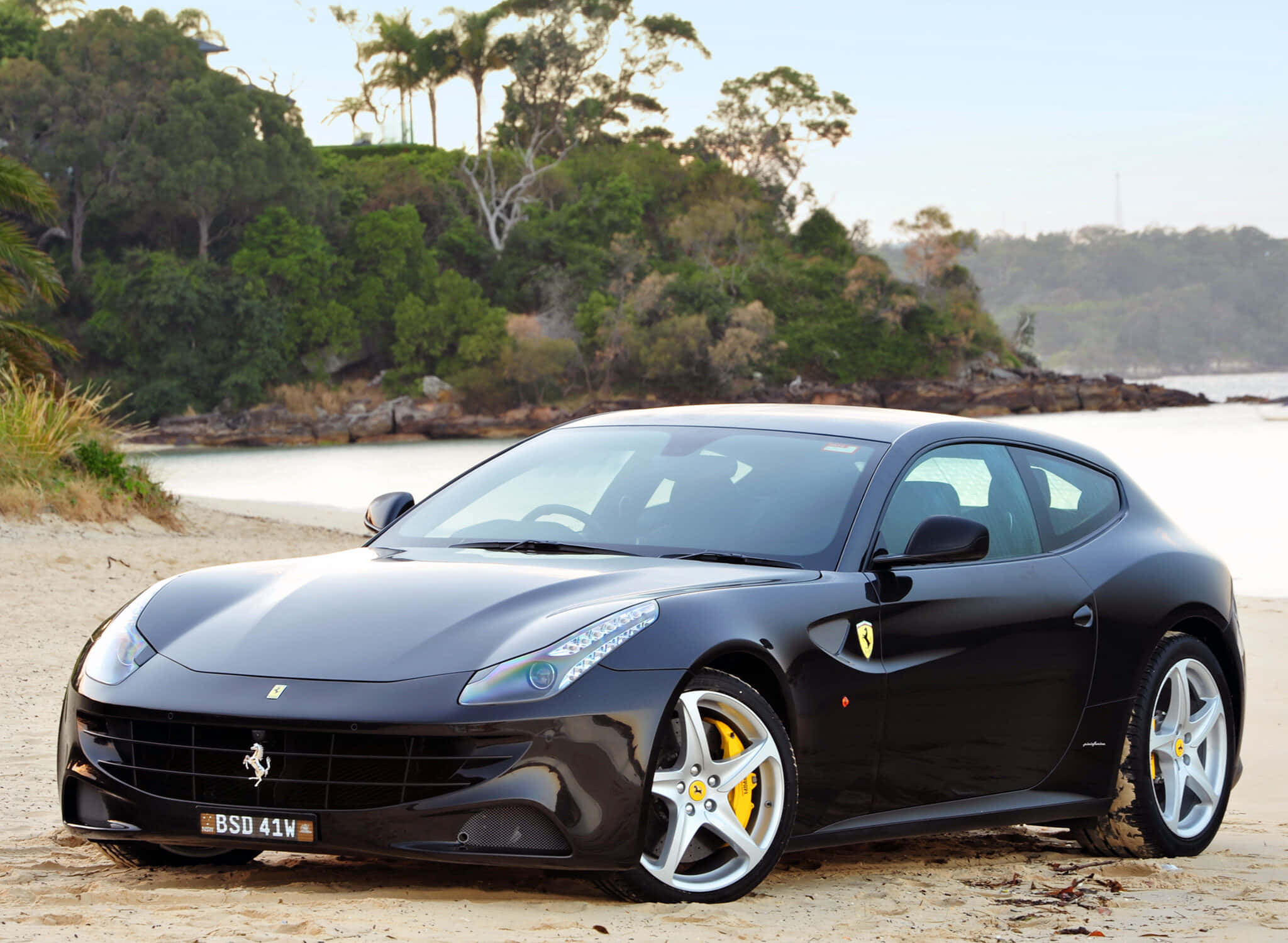Ferrari Ff 桌布 壁紙 — 一架時尚黑色法拉利停泊在沙灘上，背景有棕櫚樹和水。