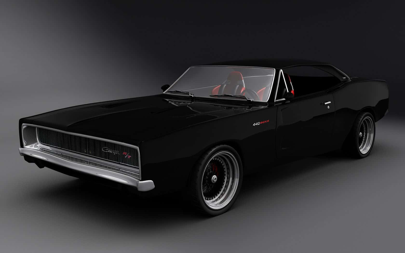 Dodge Charger 桌布 壁紙 — 一架時尚黑色經典肌肉車，配備鍍鉻飾邊和紅色內飾，在深色工作室背景下蓄勢待發。