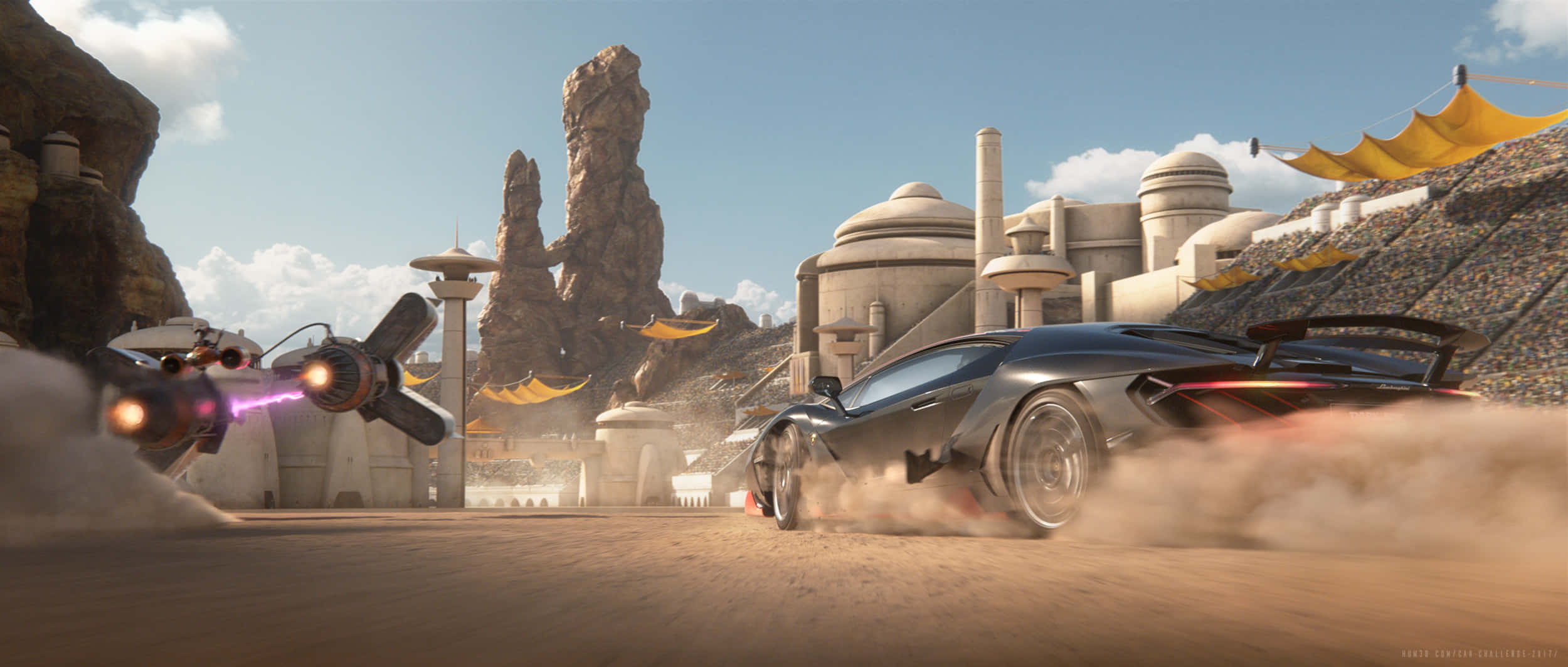 Tatooine 桌布 壁紙 — 一架時尚黑色跑車在沙漠峽谷中疾馳，附近有一艘未來風格的太空船正在發射激光。