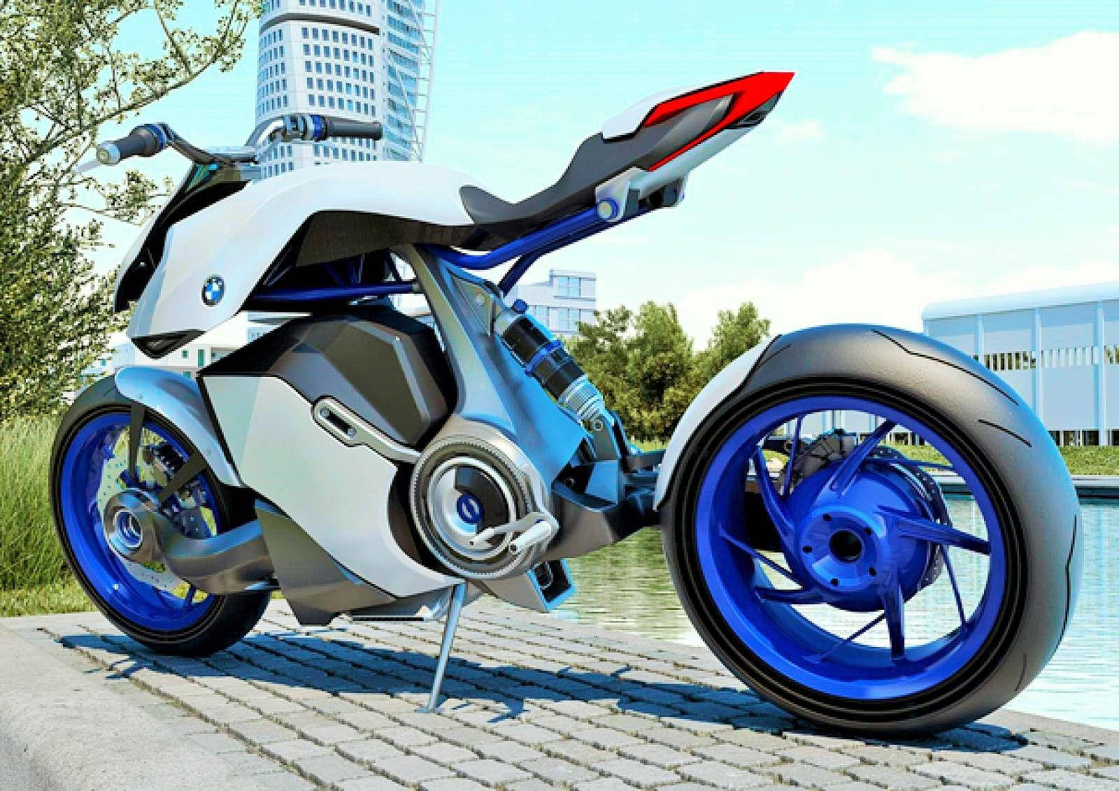 機車 桌布 壁紙 — 一架未來感十足的白藍色BMW電單車，外露機械結構，停泊在水邊的鵝卵石小徑上，背景是現代建築。