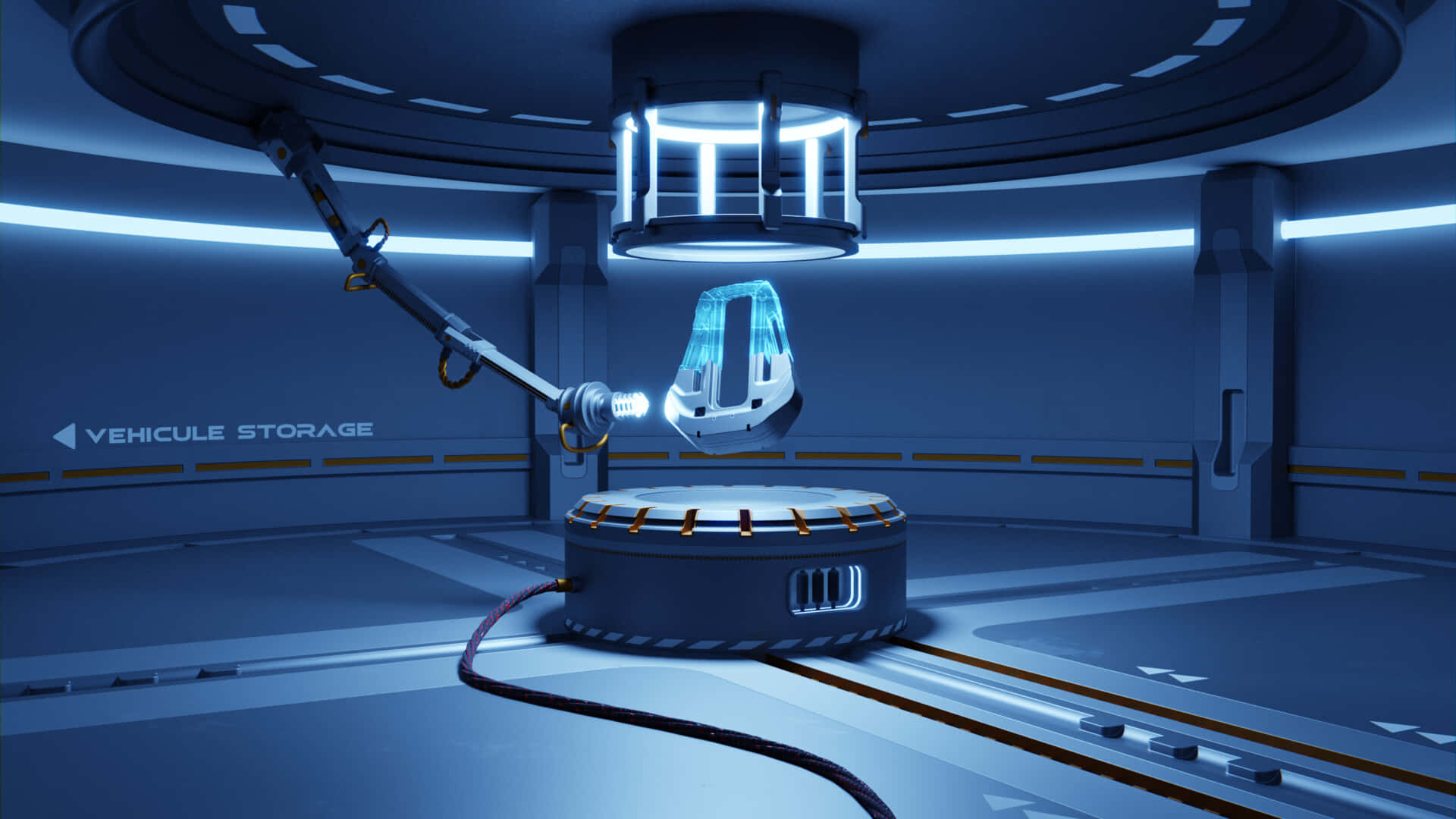 3d Printer 桌布 壁紙 — 一架未來感十足的車輛在機械臂下的時尚藍光儲存艙中懸浮。