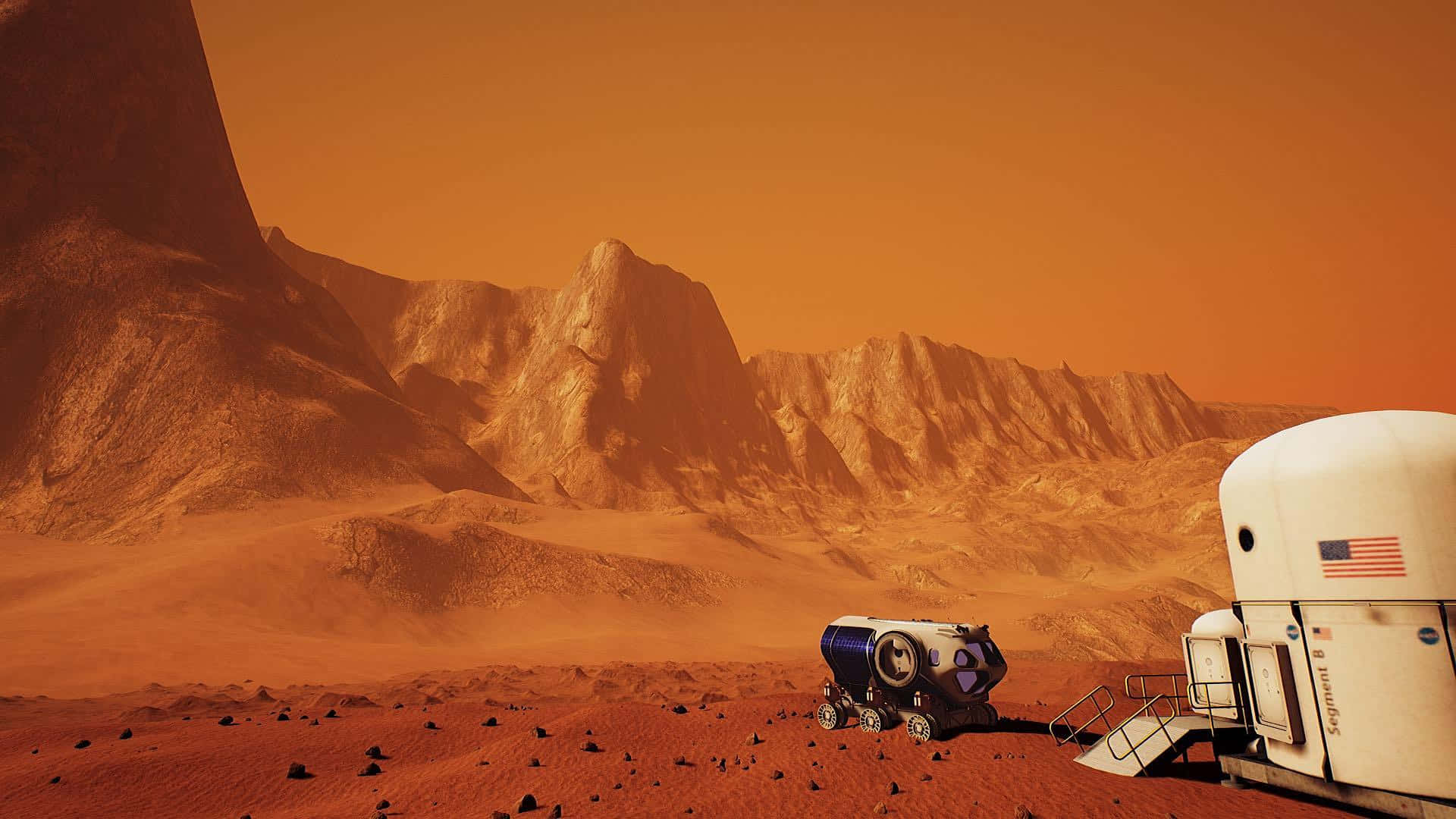 Mars Landscape 桌布 壁紙 — 一架未來風格的探測車和棲息艙坐落於崎嶇的紅色火星地表上，天空呈橙色。