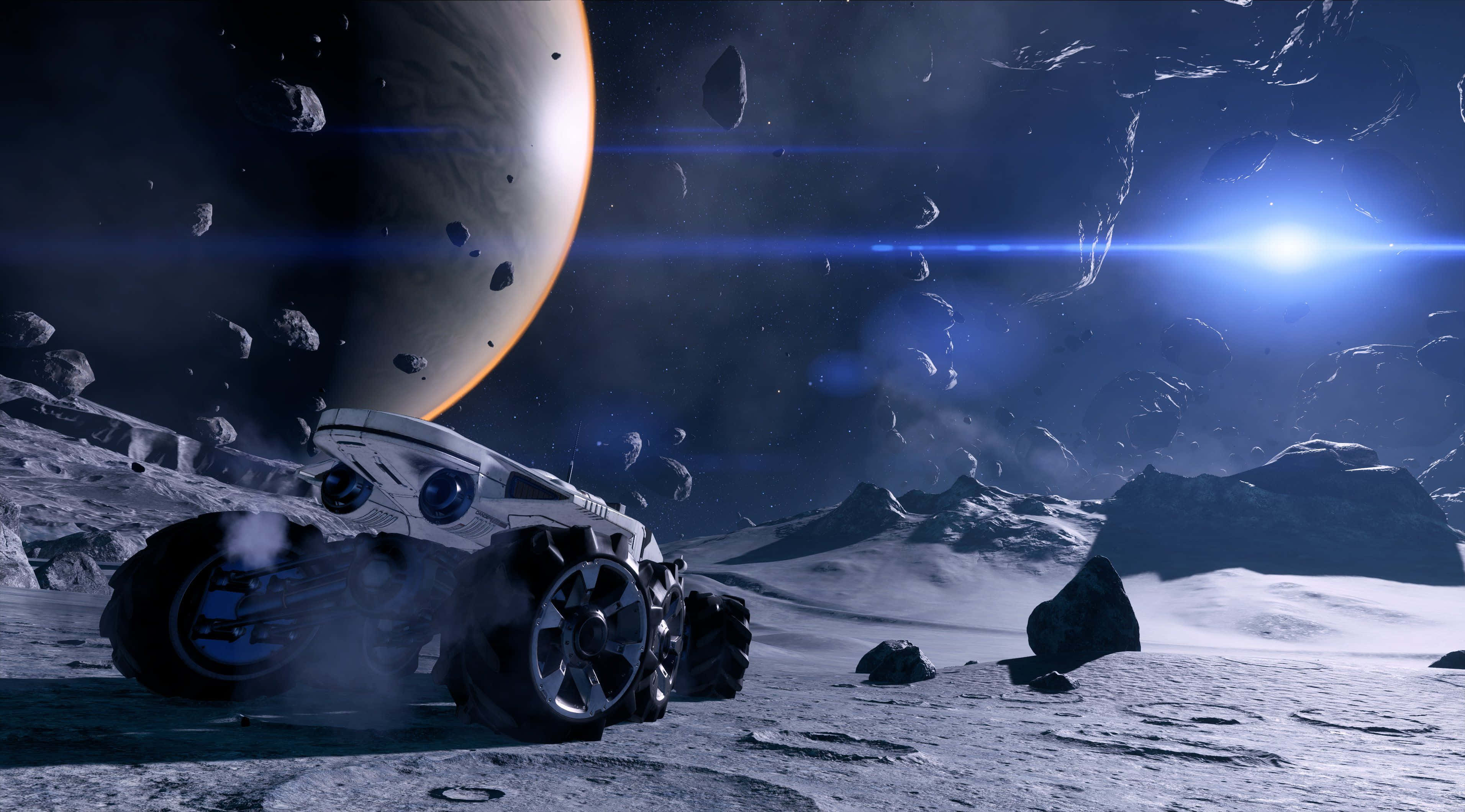 PS4 桌布 壁紙 — 一架未來風格的探測車在岩石小行星帶中探索，上方是發光的藍色太陽，背景中有一個巨大的行星。