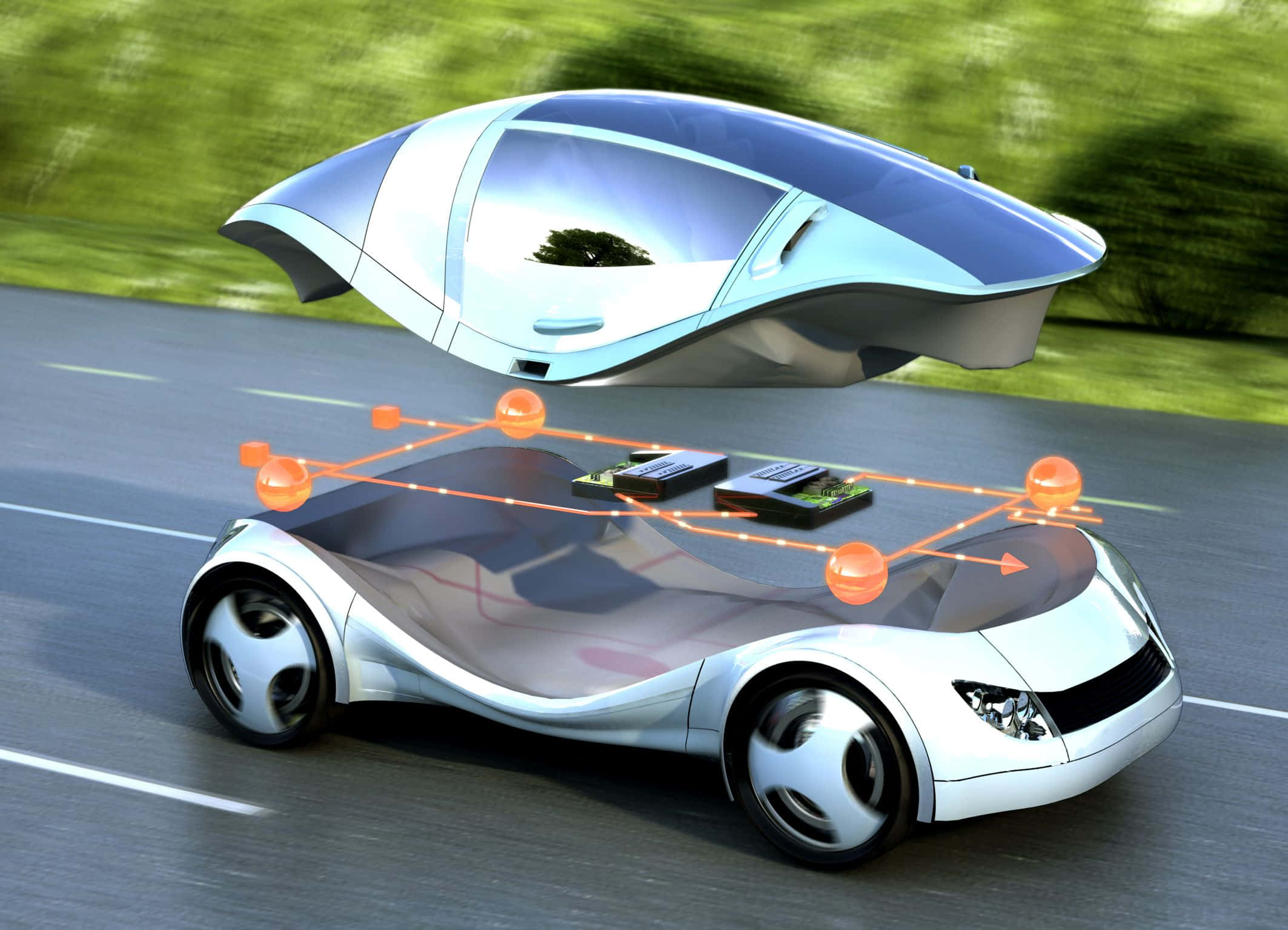 Car Technology 桌布 壁紙 — 一架未來風格的銀色飛行汽車懸浮在道路上空，橙色感應光束將其連接到地面充電裝置。