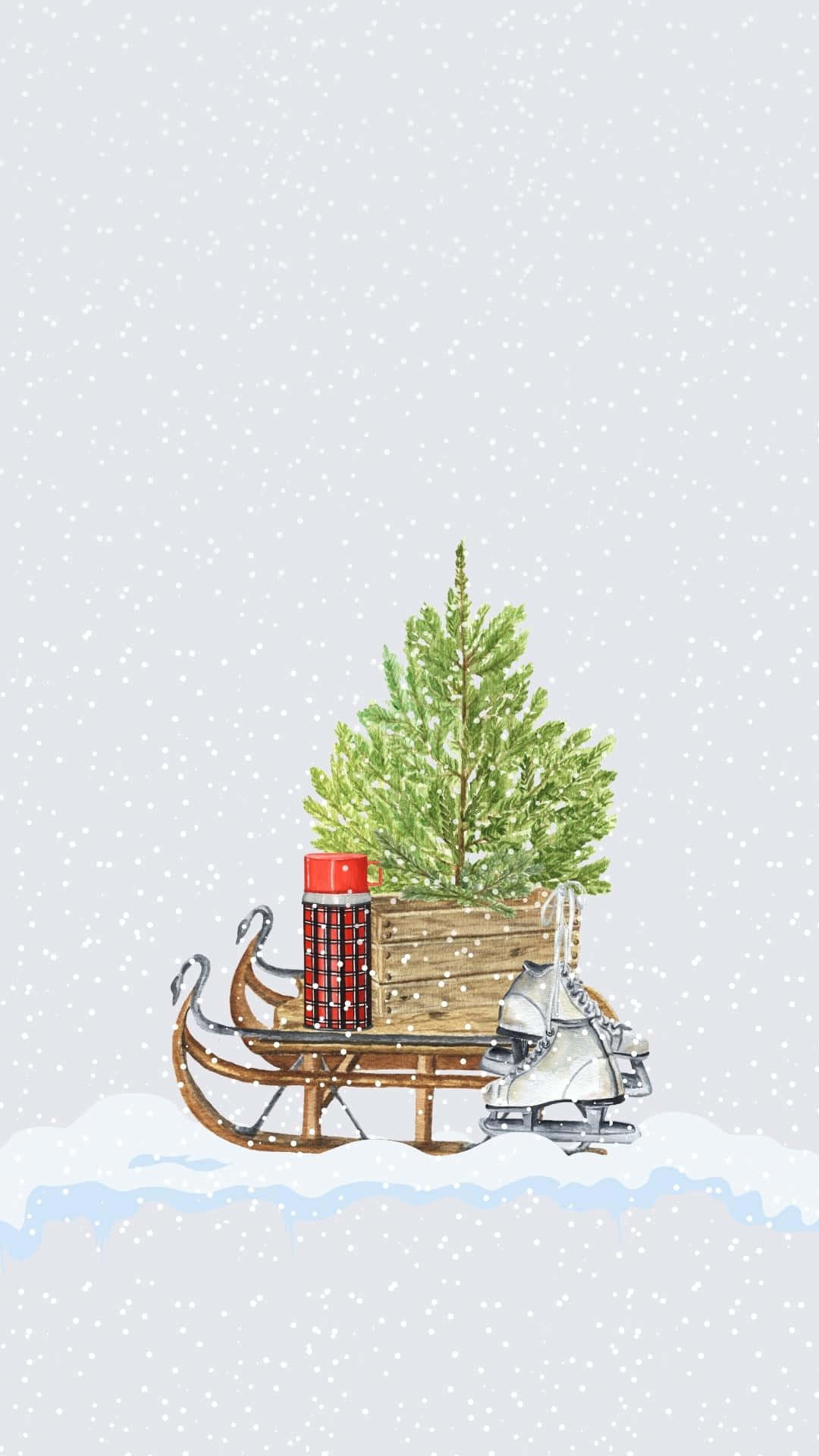 簡約聖誕 桌布 壁紙 — 一架水彩雪橇載著新鮮松樹和溜冰鞋，背景是雪花飄落的雪景。
