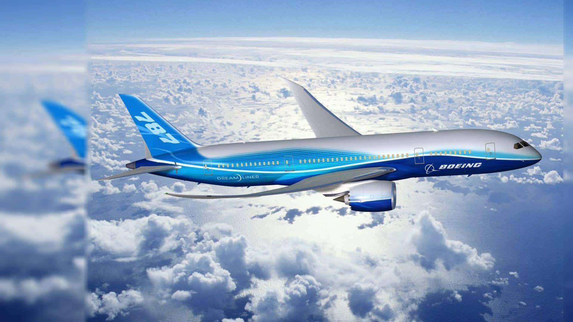 Flight 桌布 壁紙 — 一架波音787夢想客機在晴朗的藍天下優雅地翱翔於蓬鬆的白雲之上。