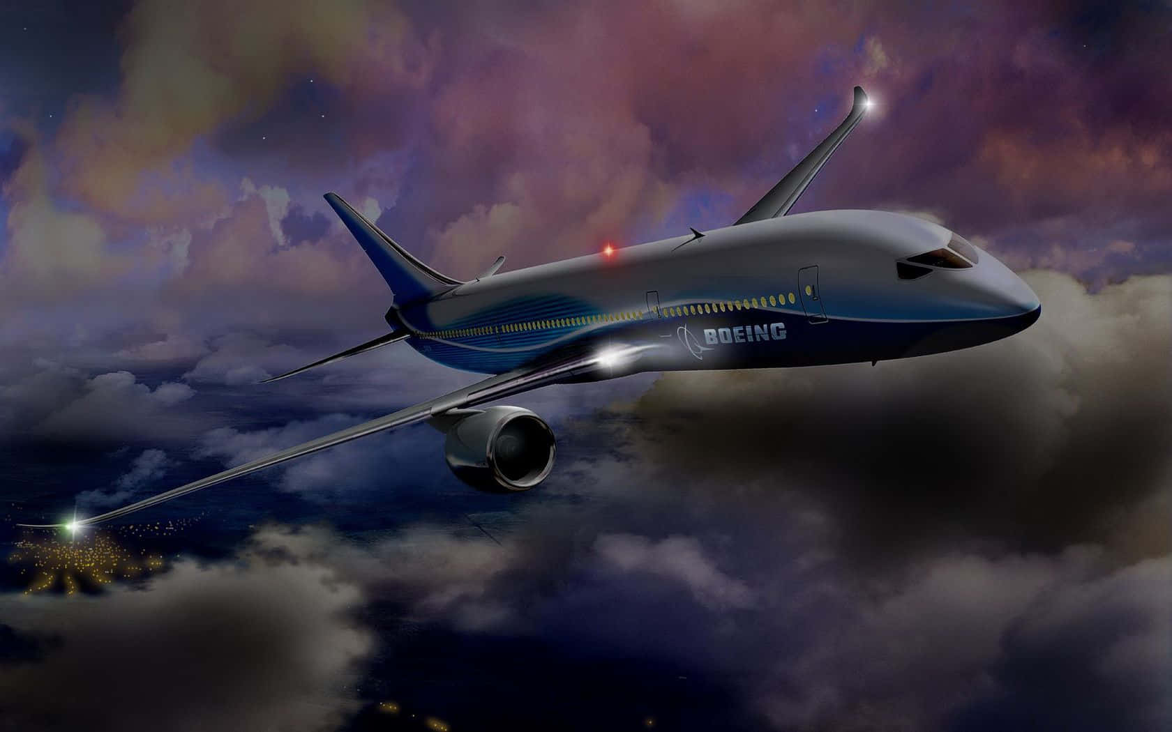 Jet 桌布 壁紙 — 一架波音飛機在戲劇性的暮色雲層中翱翔，下方城市燈光閃爍。