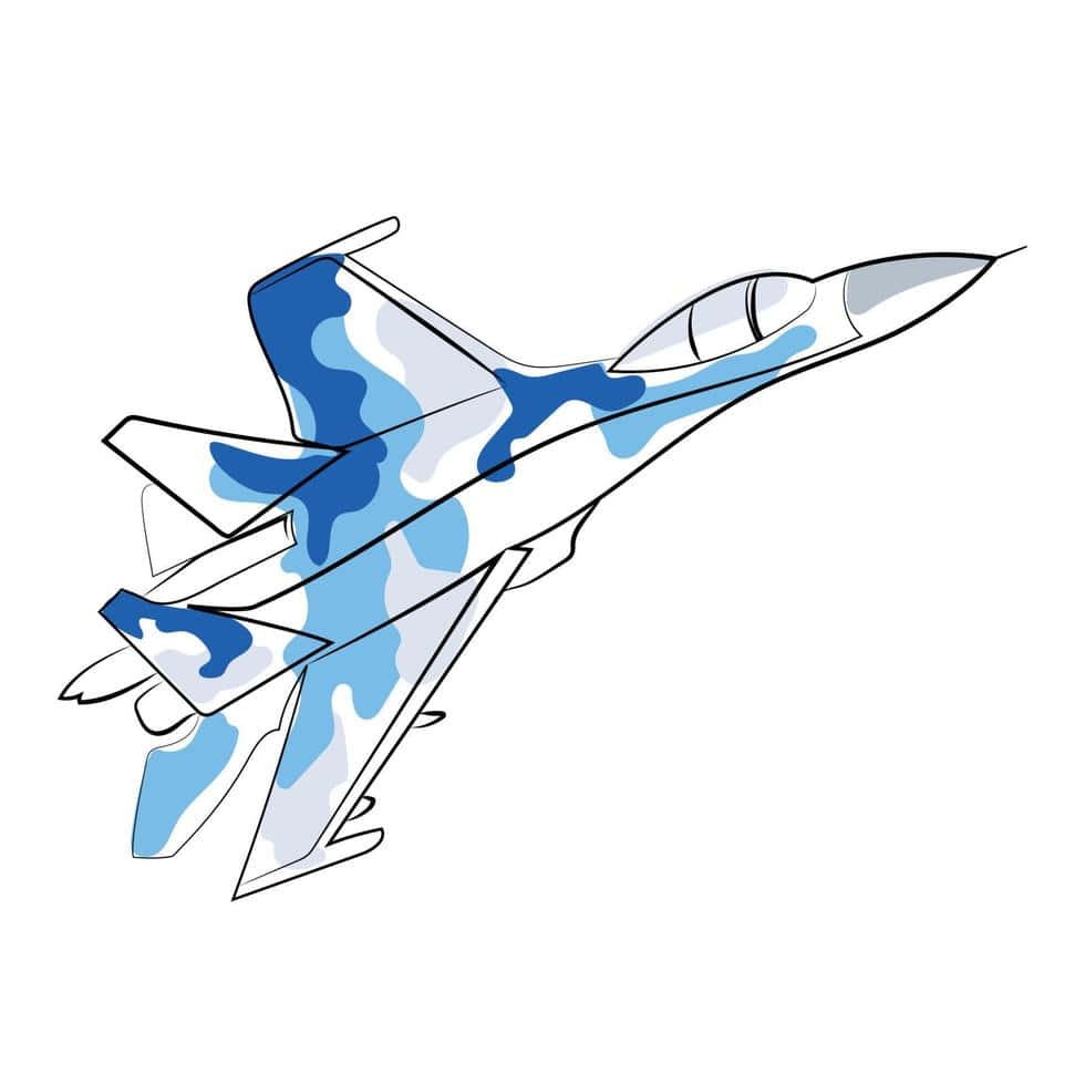 空軍 桌布 壁紙 — 一架流線型戰鬥機帶有藍白迷彩圖案，在純白色背景上對角翱翔。
