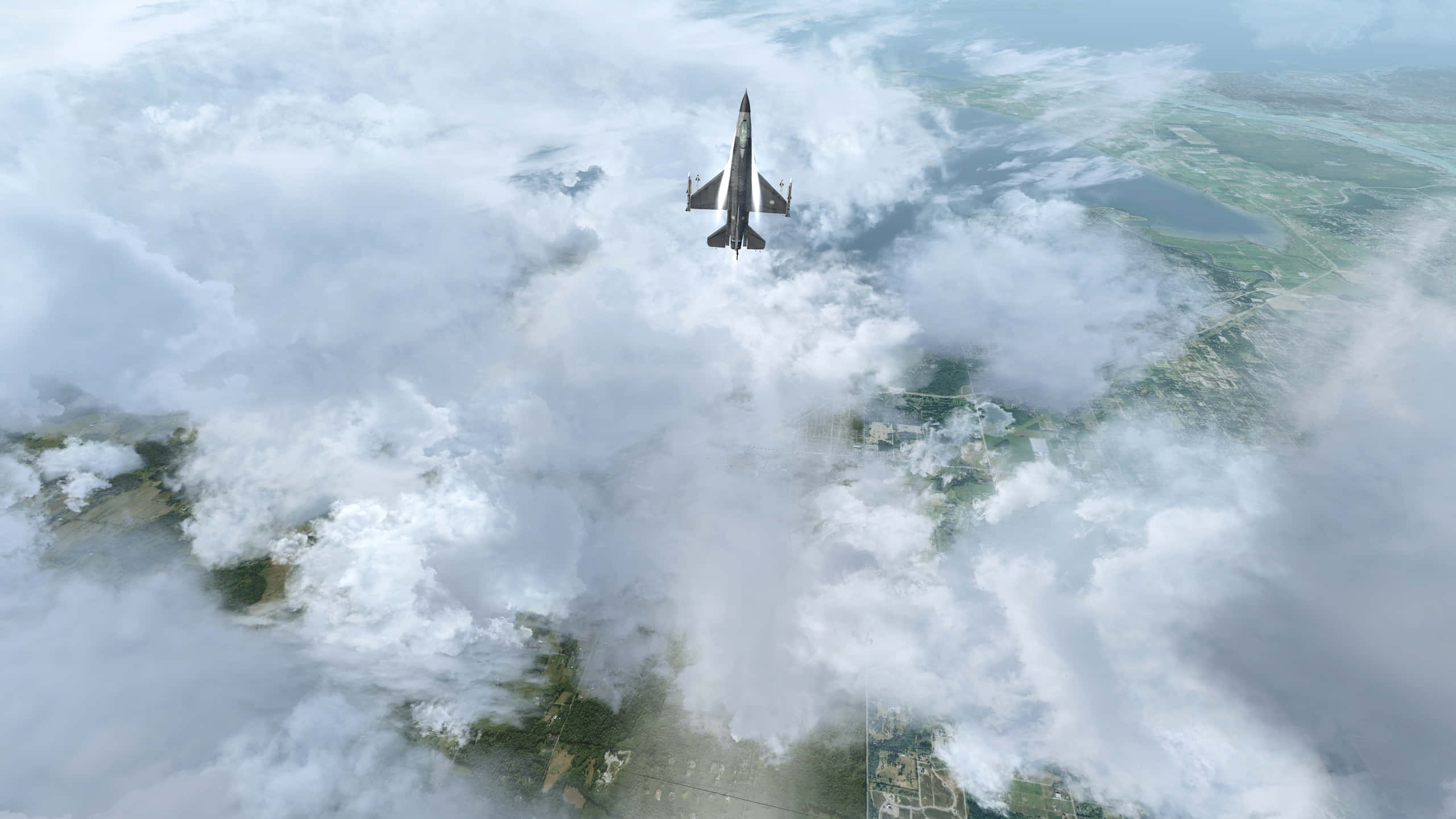 微軟模擬飛行 桌布 壁紙 — 一架流線型戰鬥機翱翔於蓬鬆白雲之上，顯露出下方拼布般的大地景觀。