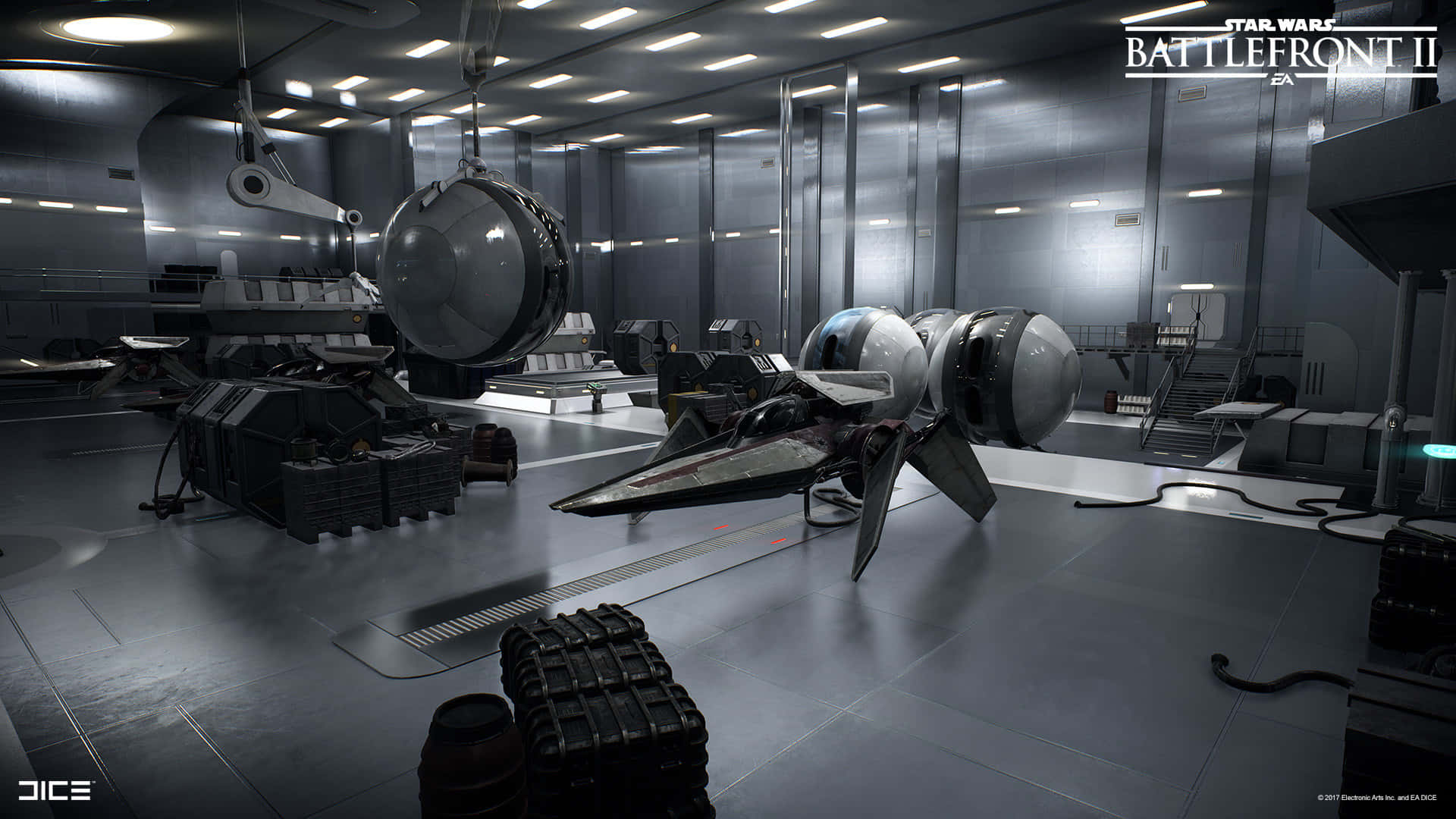 Kamino 桌布 壁紙 — 一架流線型星際戰機停泊在無菌機庫中，金屬牆壁和頭頂燈光投射出銳利陰影。