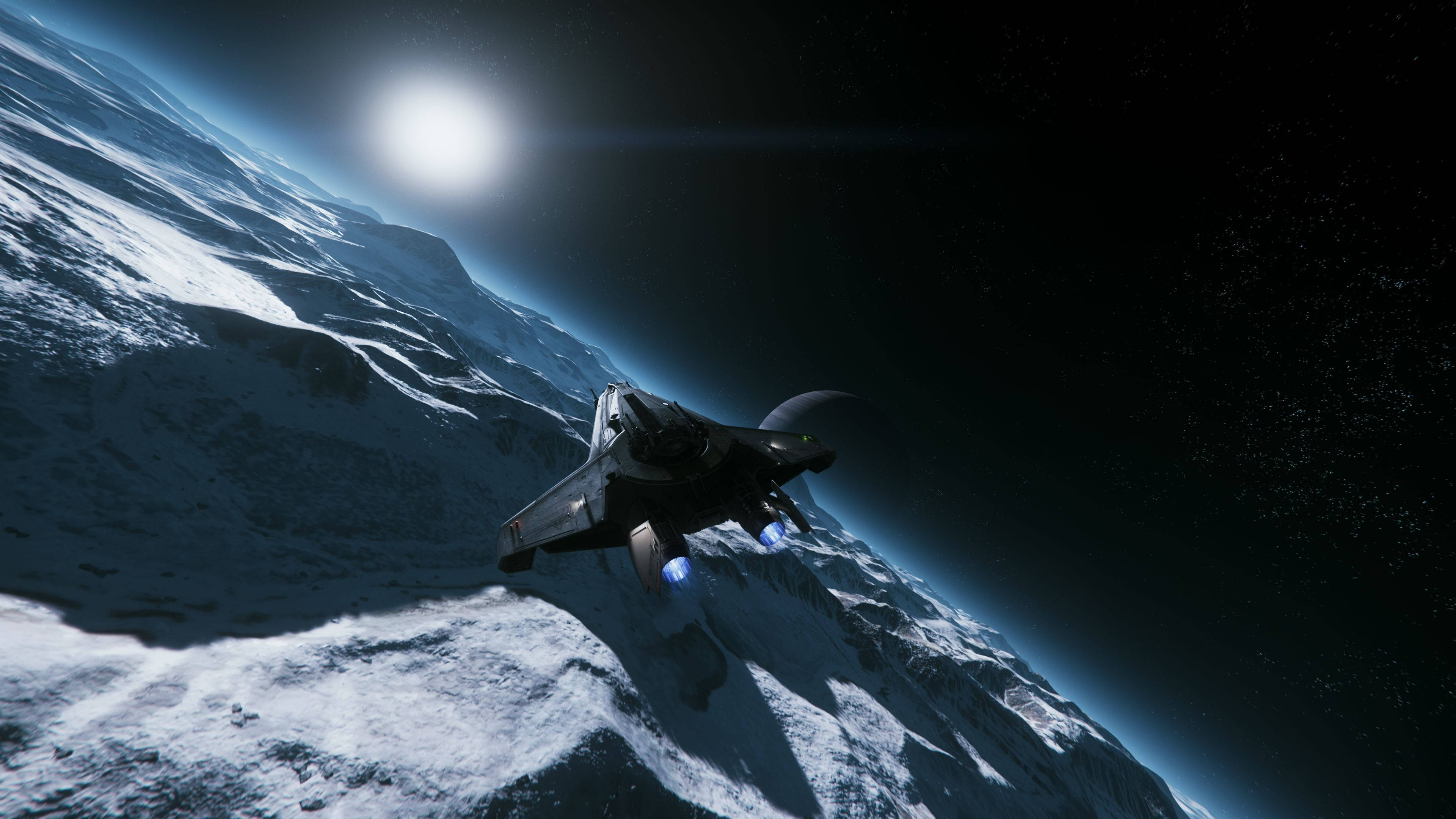 Star Citizen Flying To The Star 壁紙 — 一架流線型未來戰機在深空中明亮的太陽下，翱翔於白雪覆蓋的山脈行星之上。