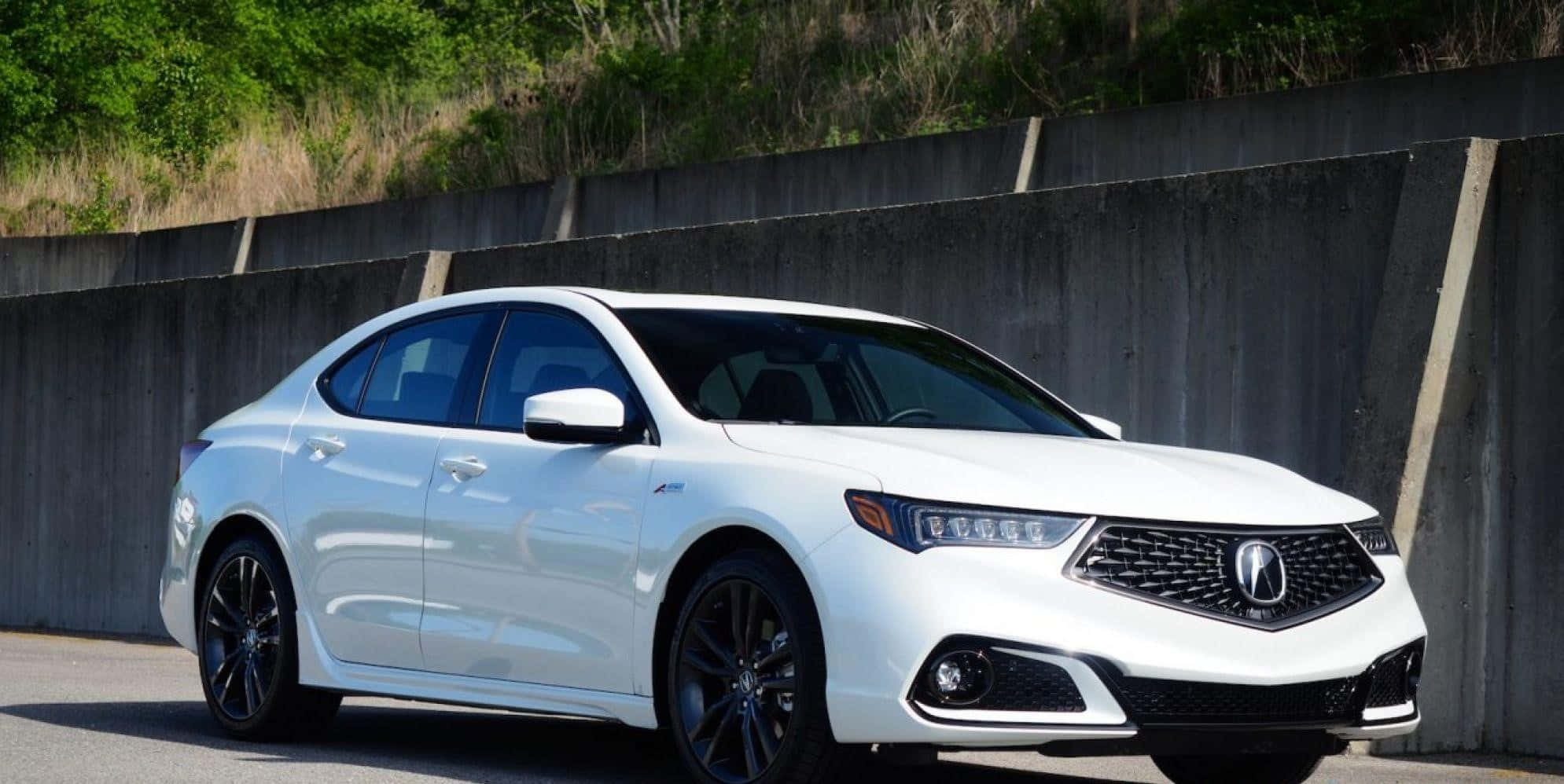 Acura Tlx 桌布 壁紙 — 一架流線型白色Acura房車配黑色輪圈，在明亮日光下停泊在混凝土牆旁邊。