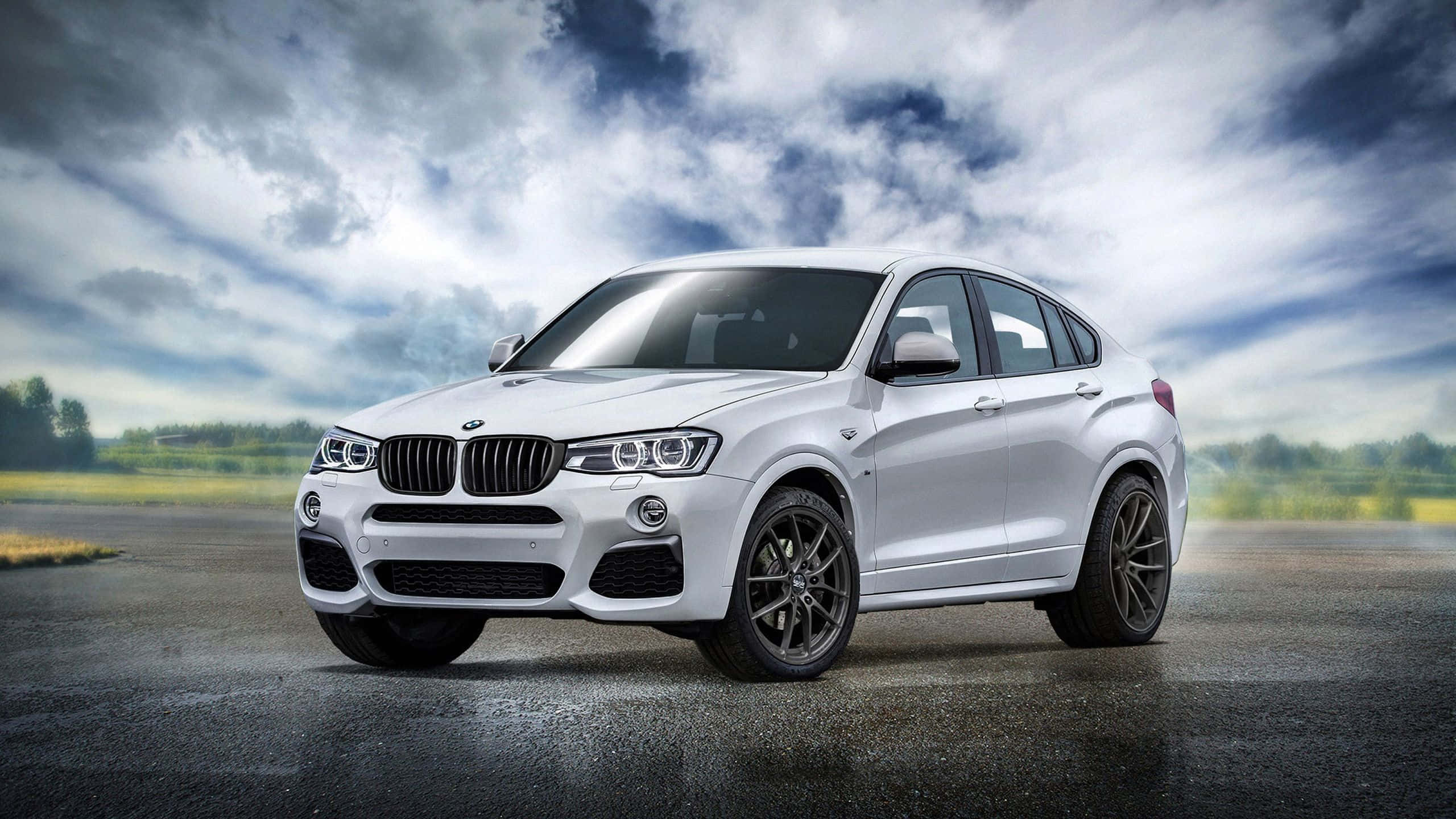 Bmw X3 桌布 壁紙 — 一架流線型白色BMW X4運動型轎跑車停在濕漉漉的瀝青路上，背景是戲劇性的多雲天空和模糊的綠色田野。