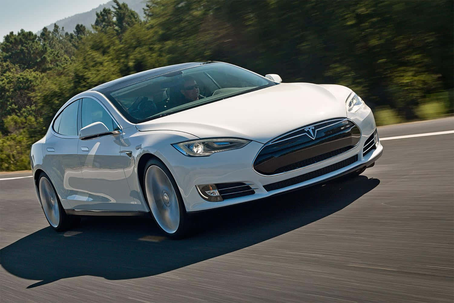 Car Model 桌布 壁紙 — 一架流線型白色Tesla Model S在陽光明媚的道路上行駛，背景是模糊的綠色樹木。