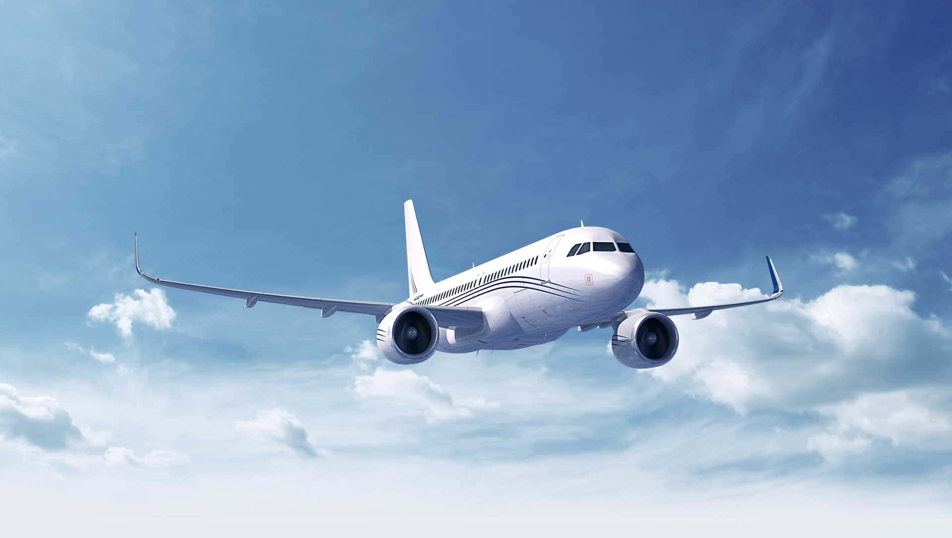 Flight 桌布 壁紙 — 一架流線型白色客機在點綴著蓬鬆白雲的明亮藍天中翱翔。