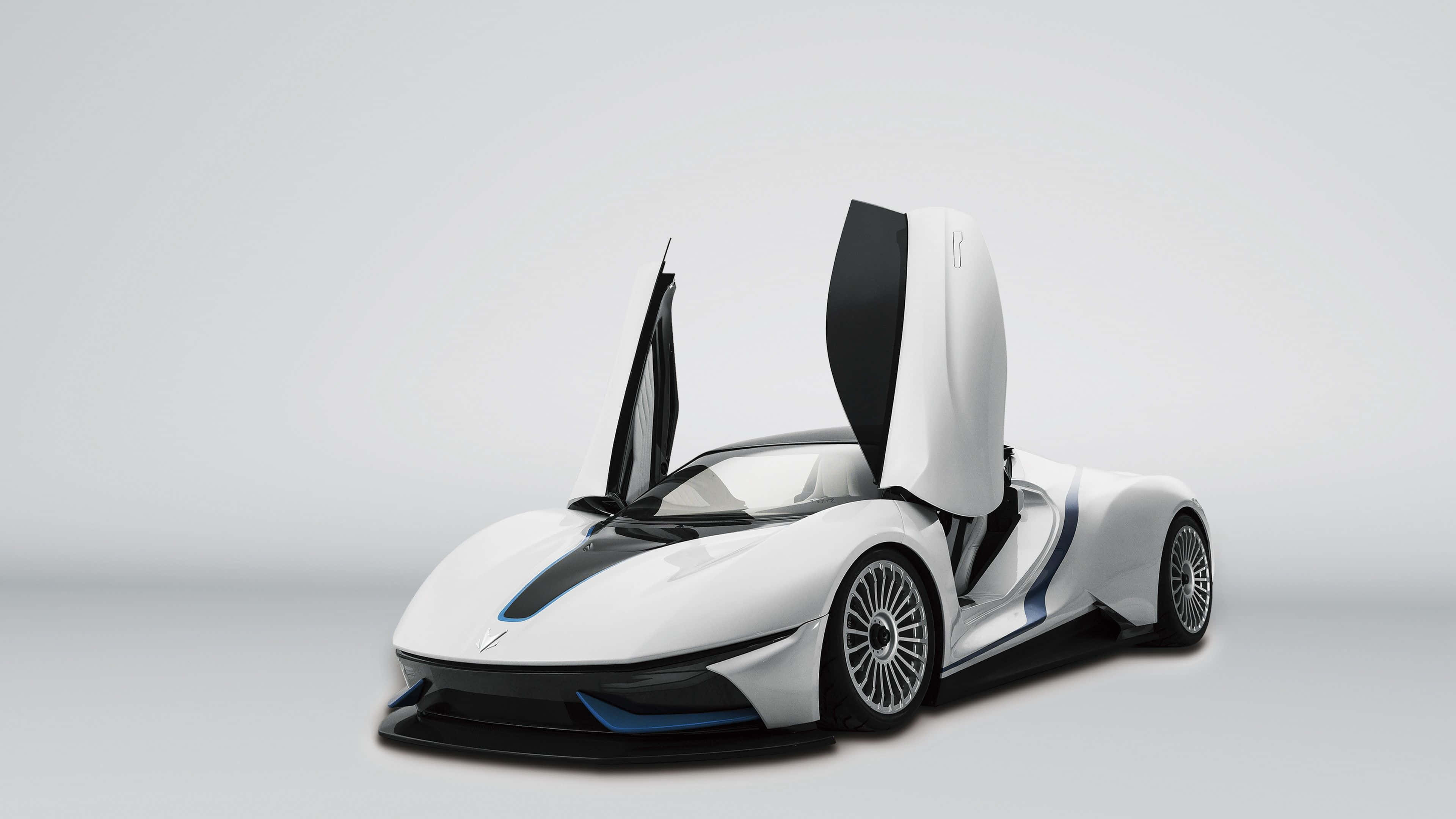 Baic Group 桌布 壁紙 — 一架流線型白色未來感跑車，鷗翼門打開，背景為簡約灰色攝影棚。