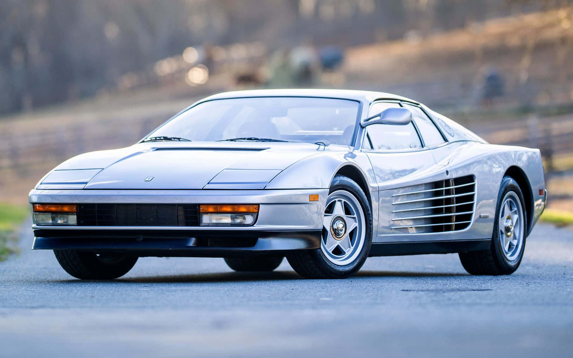 Ferrari Testarossa 桌布 壁紙 — 一架流線型的銀色法拉利Testarossa在柔和日光下，於一條寧靜的鄉村道路上閃耀，背景是模糊的樹木。