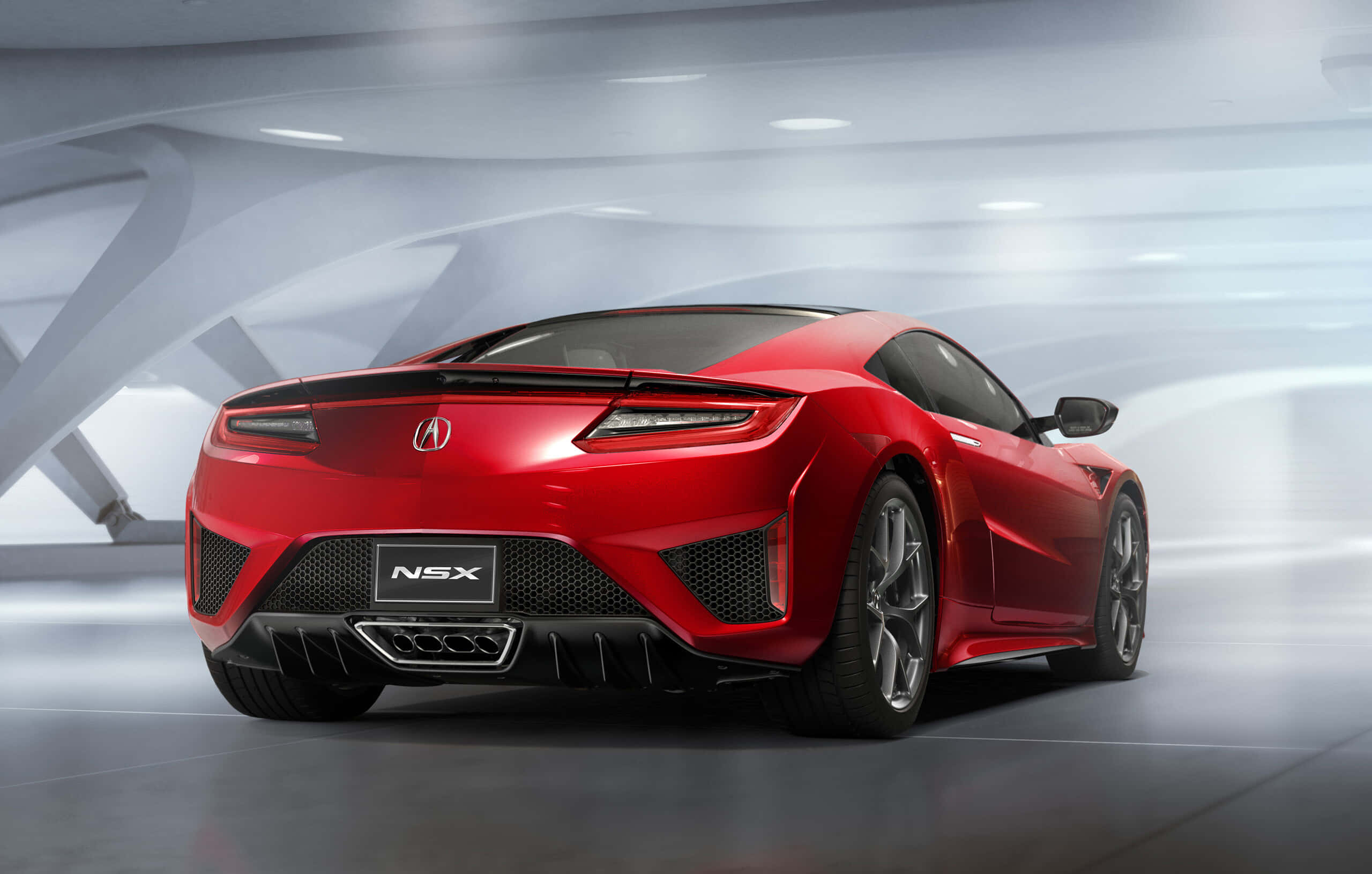 Honda Nsx 桌布 壁紙 — 一架流線型紅色Acura NSX跑車在未來感白色隧道中的攝影棚燈光下閃耀。