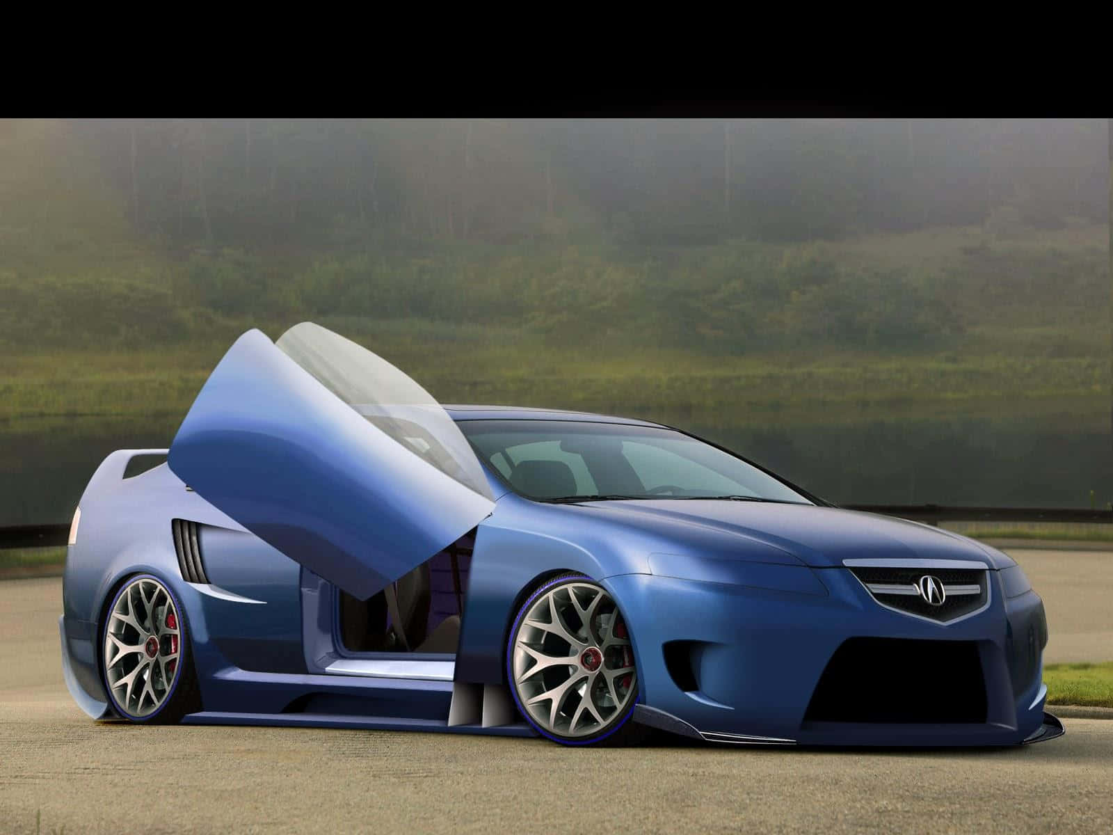 Acura Tl 桌布 壁紙 — 一架流線型藍色跑車，鷗翼車門敞開，停泊在霧氣瀰漫的路邊，背景是翠綠的山丘。