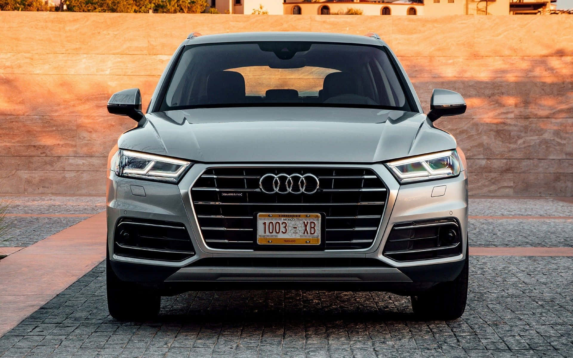 Audi Sq5 桌布 壁紙 — 一架流線型銀色 Audi Q5 SUV 喺鵝卵石車道上向前，沐浴喺溫暖嘅黃金時段光線中。