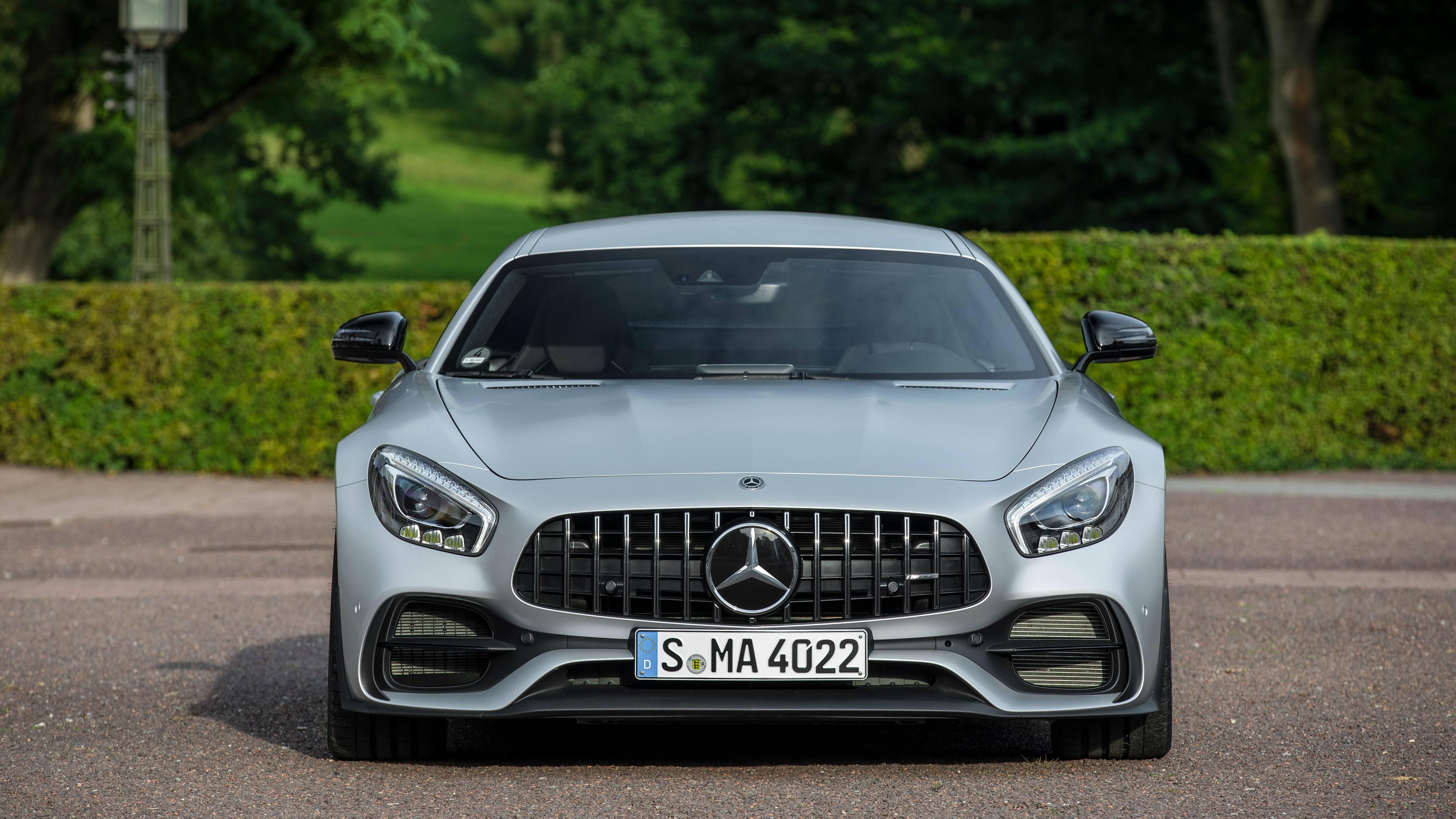 Mercedes 桌布 壁紙 — 一架流線型銀色 Mercedes-AMG GT 跑車在鋪砌道路上向前行駛，背景有茂密的綠色籬笆和樹木。