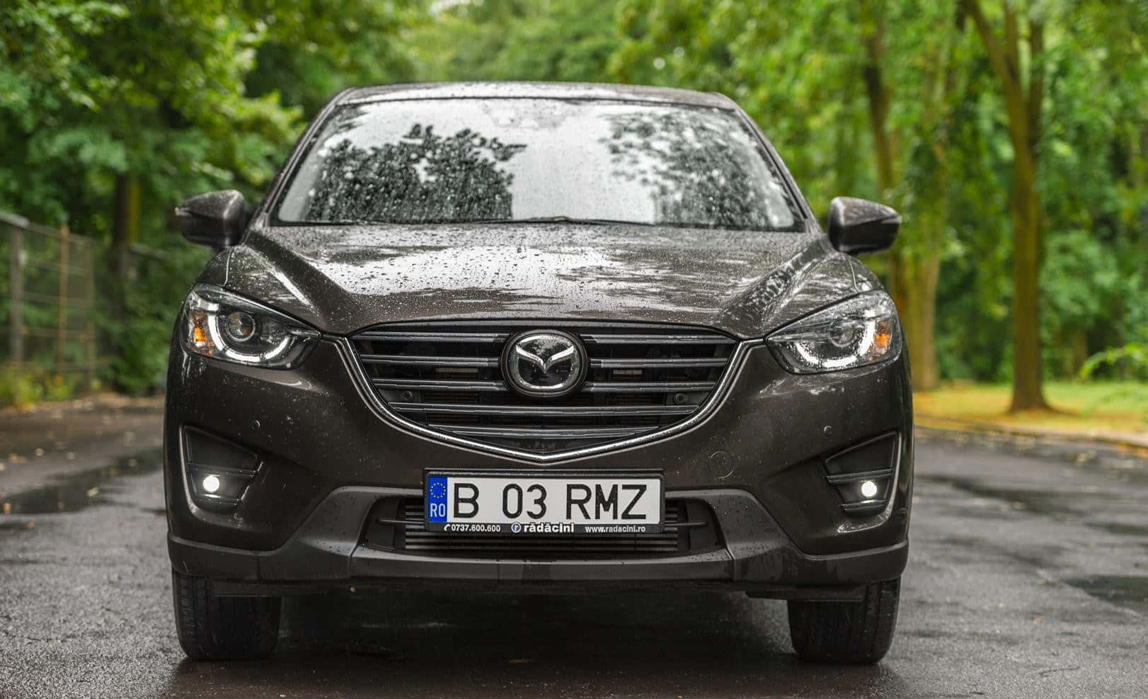 Mazda Cx-30 桌布 壁紙 — 一架深灰色Mazda CX-3在雨後濕滑的道路上向前行駛，周圍環繞著茂密的綠樹。