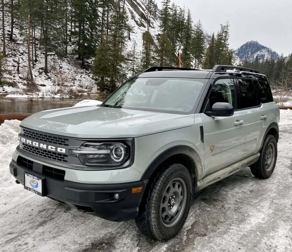 Off-road Car 桌布 壁紙 — 一架淺灰色福特Bronco SUV停泊在河邊的雪地上，背景是沾滿雪的松樹和山脈。