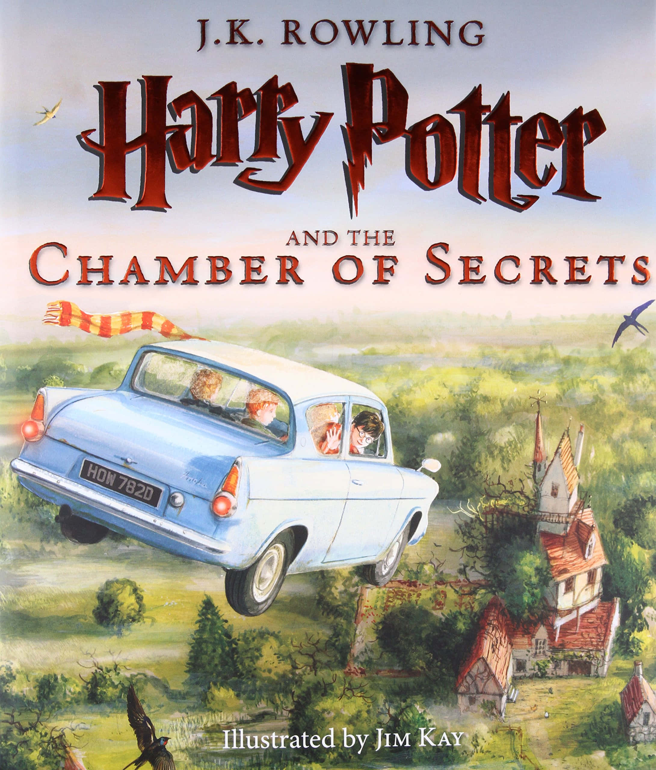 The Chamber Of Secrets 桌布 壁紙 — 一架淺藍色飛天汽車載著三個小孩，翱翔於綠油油的鄉村上空，村莊有紅頂房屋和飛鳥。