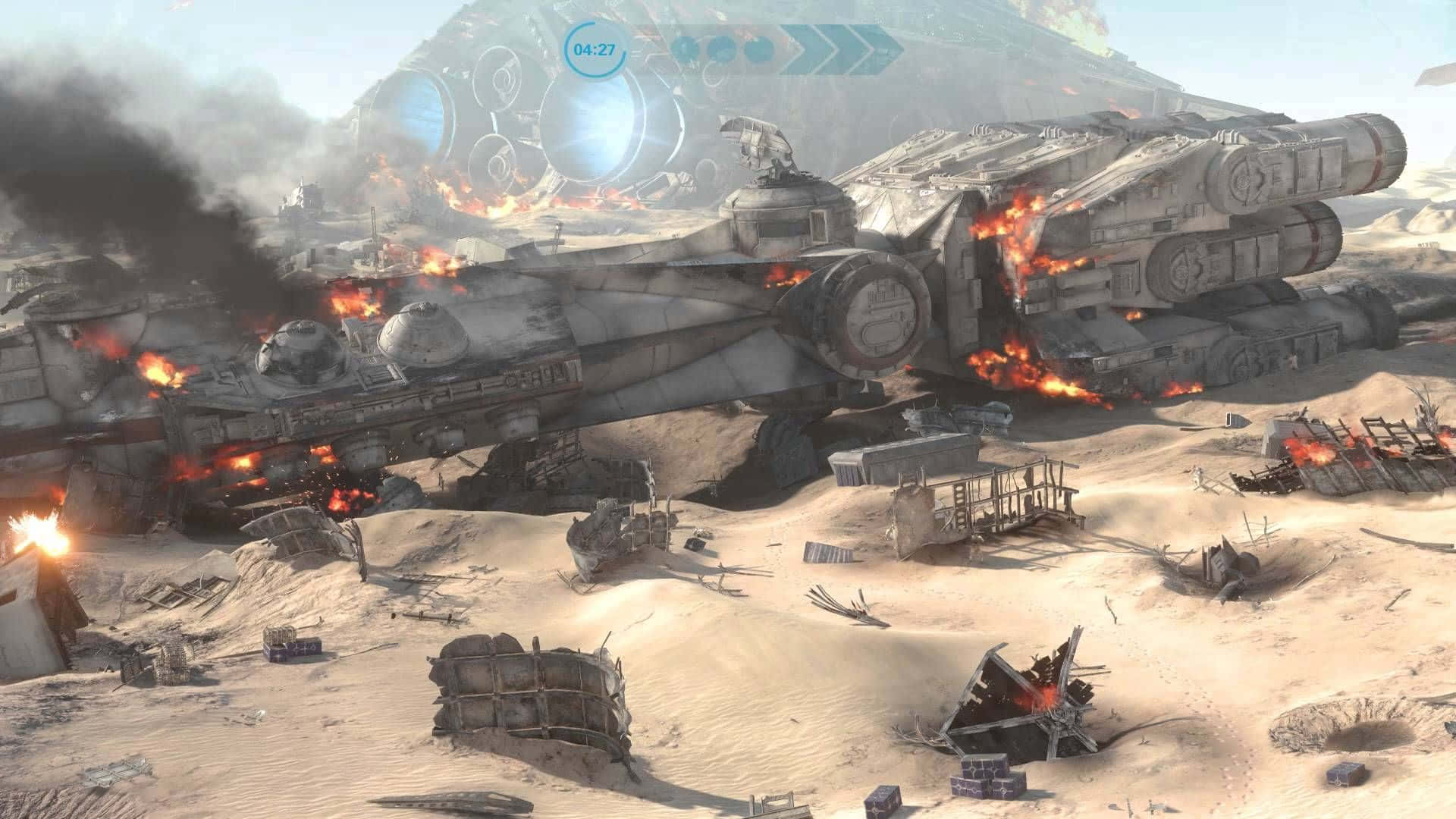 The Battle Of Jakku 桌布 壁紙 — 一架燃燒的星際戰機殘骸躺在沙漠戰場上，煙霧升騰，碎片散落在朦朧的天空下。