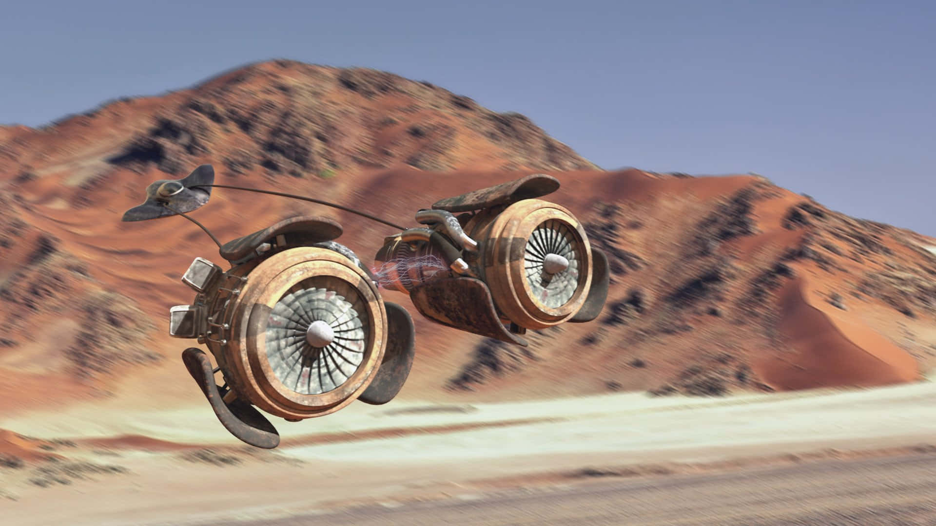 Podracing 桌布 壁紙 — 一架生鏽的未來電單車在晴朗藍天下，懸浮於有紅色沙丘和岩石山丘的沙漠之上。