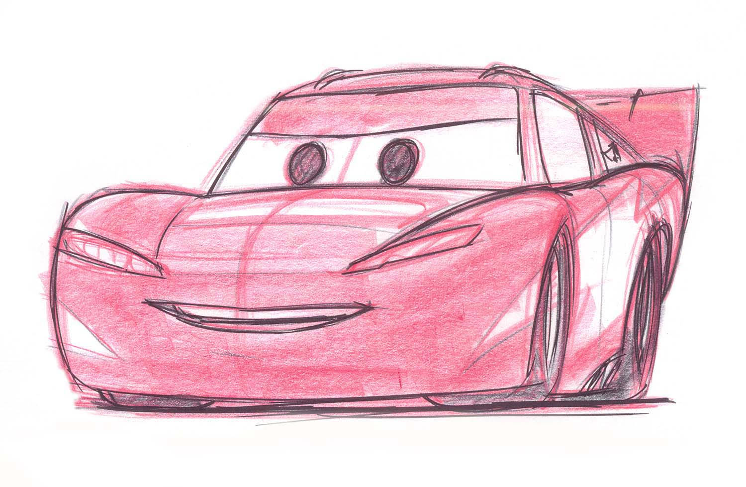 Disney Cars 桌布 壁紙 — 一架用顏色鉛筆喺白紙上畫出嚟、有表情豐富嘅眼睛同笑容嘅開心粉紅色賽車。