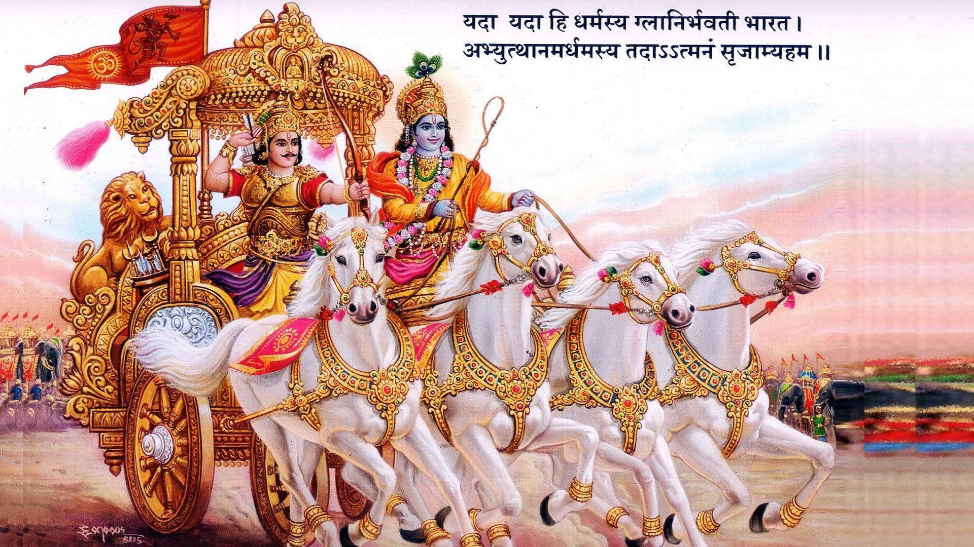 Krishna Arjun 桌布 壁紙 — 一架由四匹白馬拉動、配有華麗金色挽具的神聖戰車，在日落時分載著兩位神祇穿越戰場。