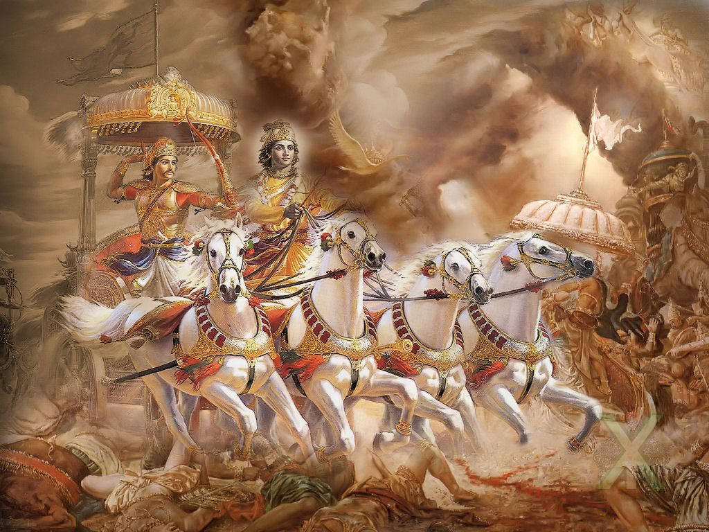 Painting 桌布 壁紙 — 一架由四匹白馬拉動的雄偉戰車，在戰士和煙霧繚繞的戰場上衝鋒。
