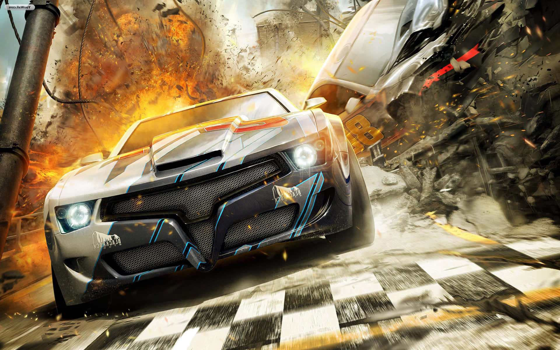 3d Gaming 桌布 壁紙 — 一架白色和藍色的賽車在方格賽道上飛馳，爆炸和碎片在周圍飛舞，上演一場高辛烷值的撞車場面。