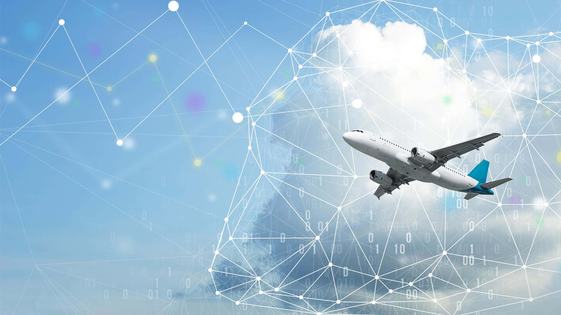 Aviation 桌布 壁紙 — 一架白色客機在藍天中翱翔，天空上覆蓋著發光的數碼網絡線條和二進制代碼。