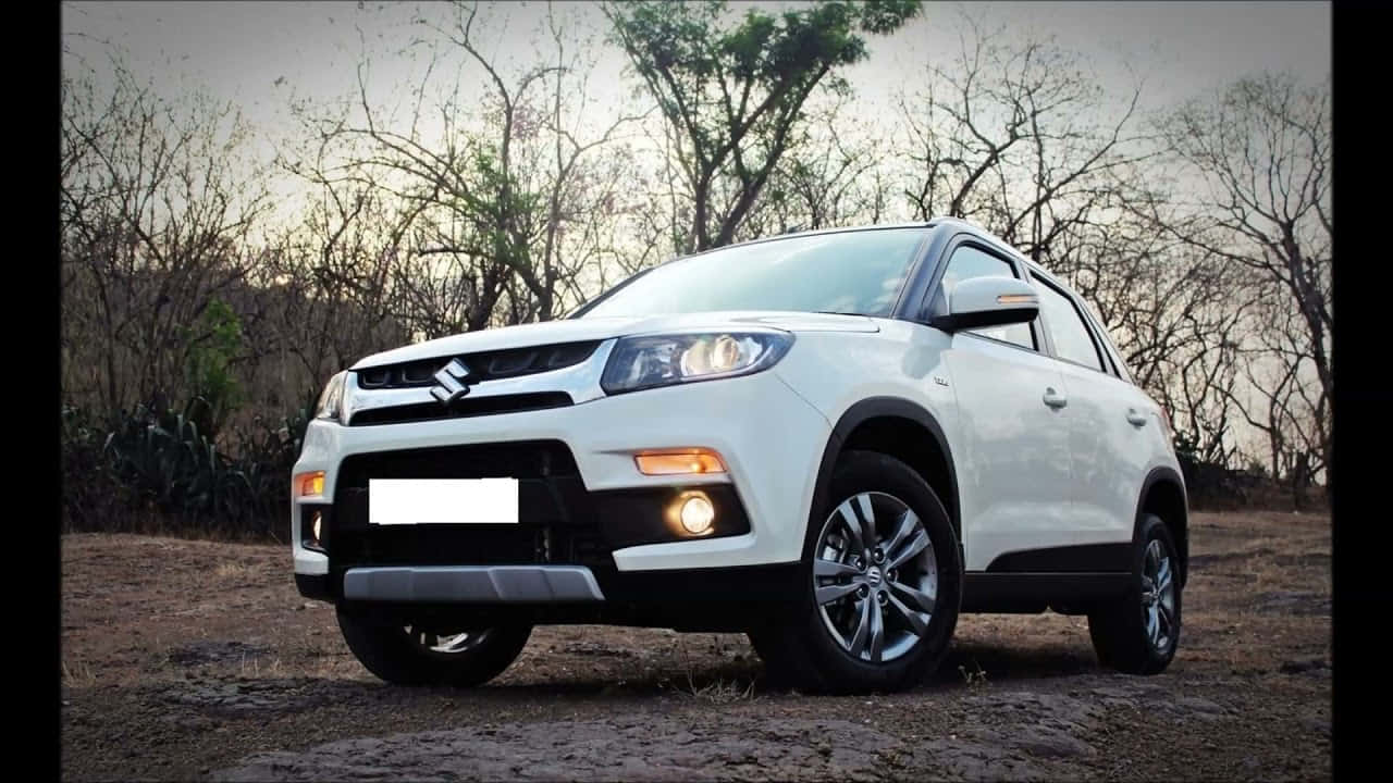 Car Model 桌布 壁紙 — 一架白色鈴木SUV停泊在泥地上，背景是光禿禿的樹木，天空色調柔和。