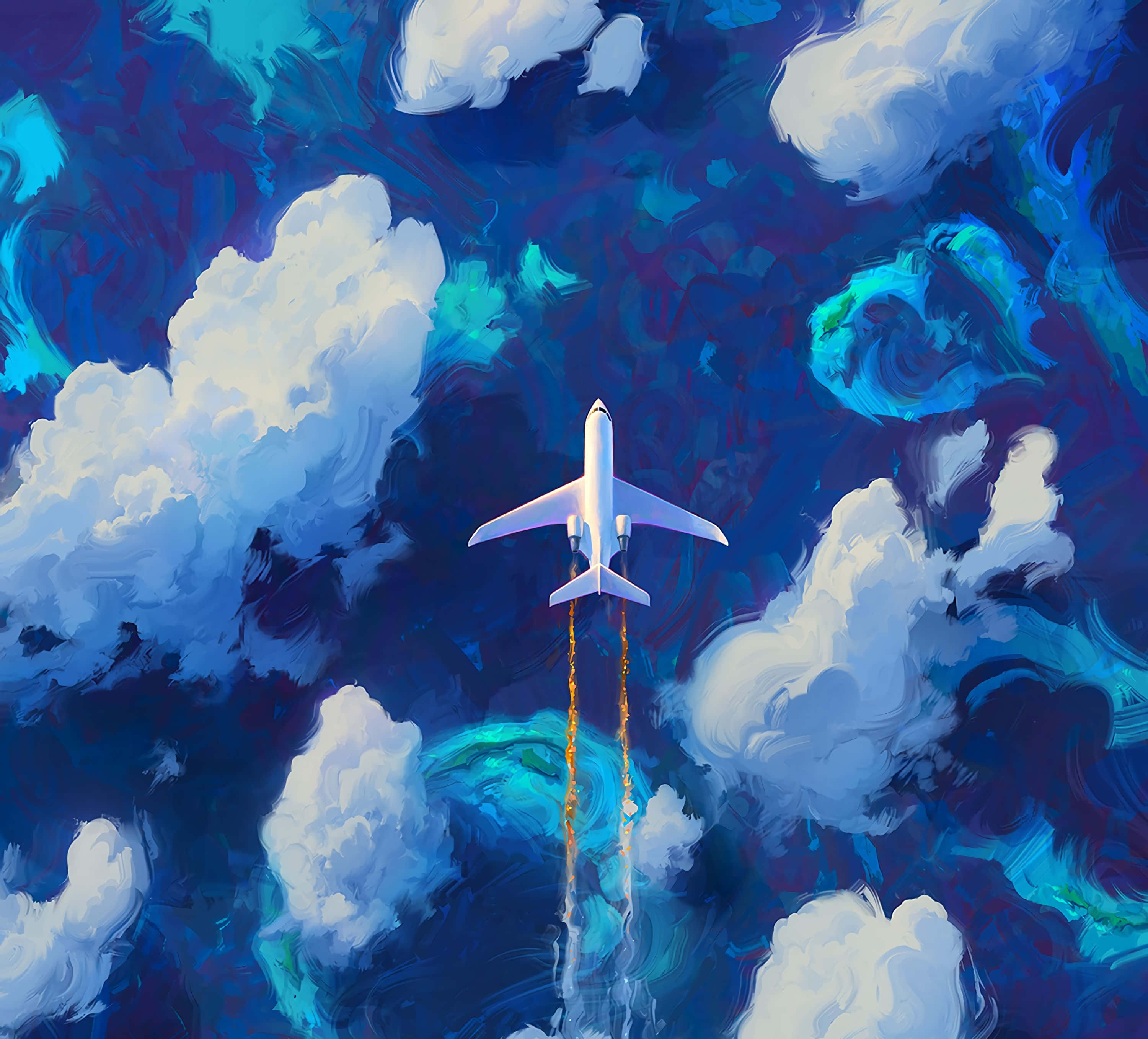 Visual Art 桌布 壁紙 — 一架白色飛機穿過充滿活力的藍色和藍綠色雲層上升，帶有熾熱的橙色尾跡。