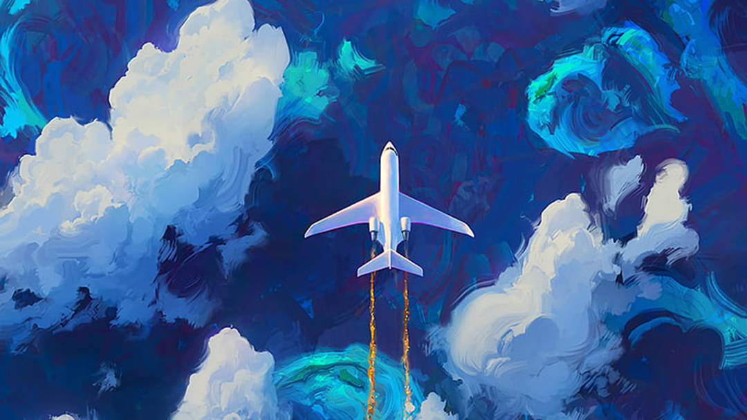 Painting 桌布 壁紙 — 一架白色飛機穿過旋轉的藍白雲層，拖著火熱的排氣痕跡，在如畫的天空中上升。