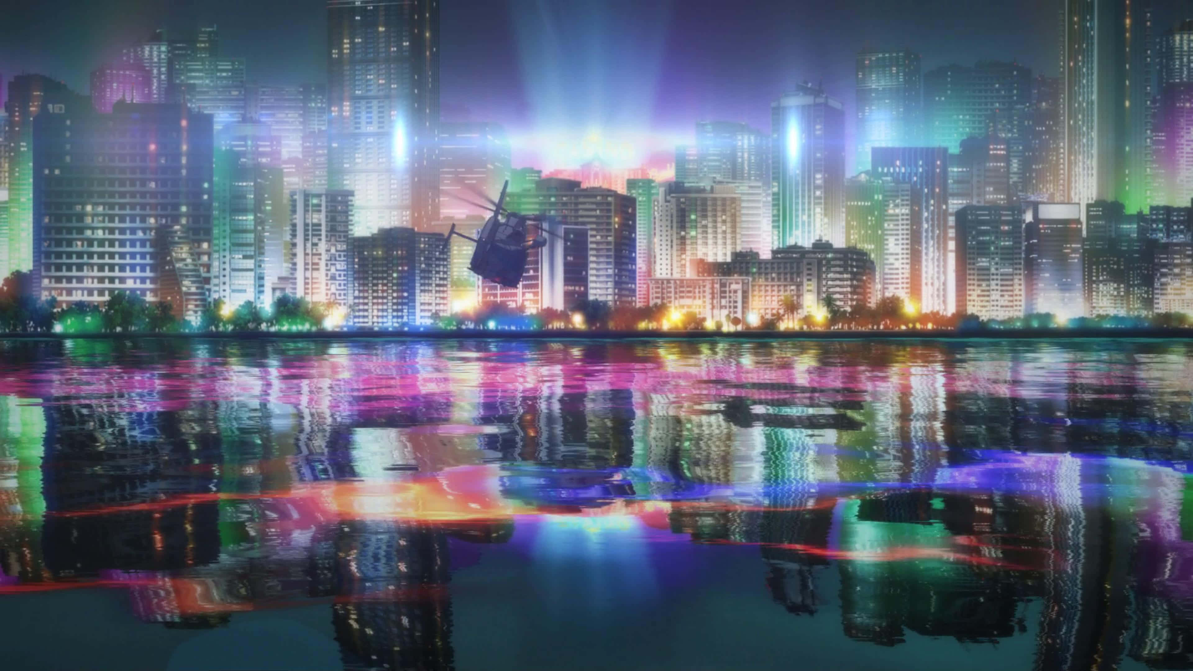 persona 桌布 壁紙 — 一架直升機在夜間飛越霓虹燈閃爍的城市景觀，下方水面映照出鮮豔的倒影。