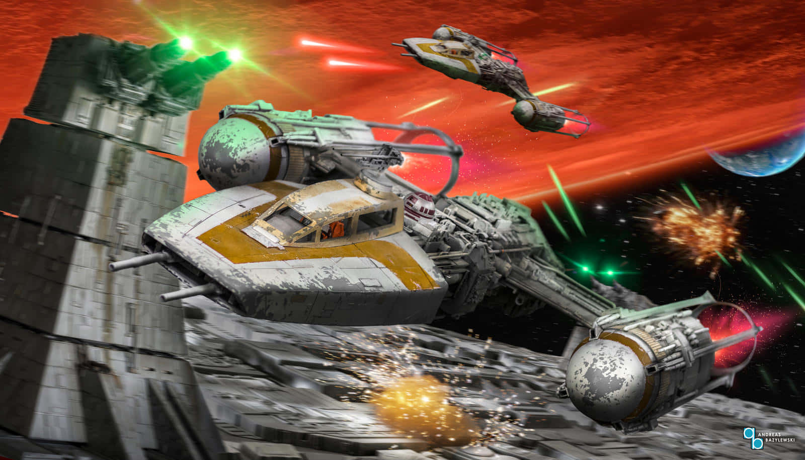 The Battle Of Yavin 桌布 壁紙 — 一架破損的星際戰鬥機在熾熱的紅色星雲和爆炸碎片中向敵艦發射綠色激光。
