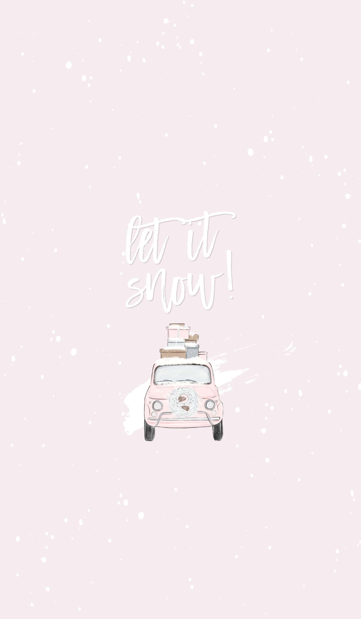 Cute Winter Aesthetic 桌布 壁紙 — 一架粉紅色復古車頂上載著行李，在柔和的粉紅色背景上，於「let it snow」文字下穿過飄落的雪。