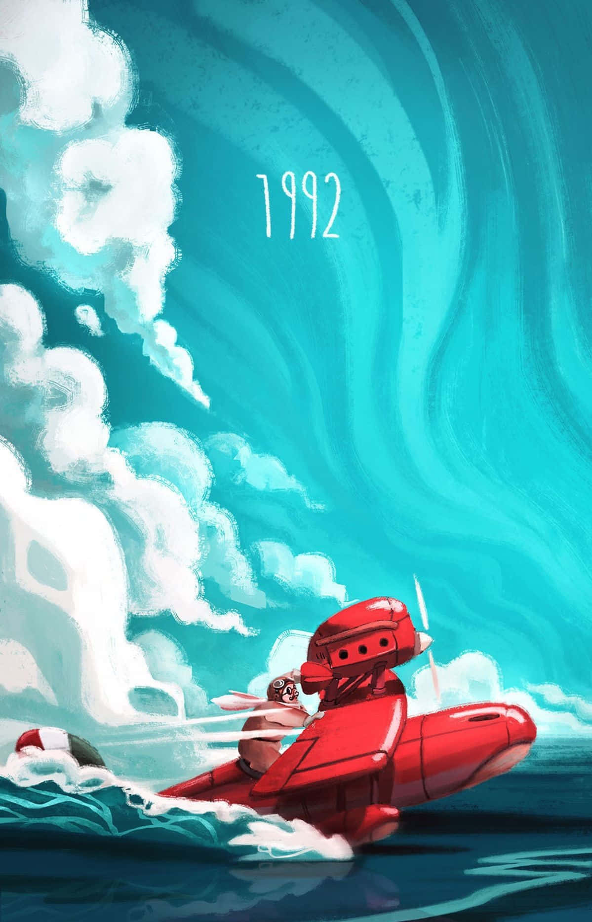 Porco Rosso 桌布 壁紙 — 一架紅色水上飛機載著飛行員，在漩渦狀雲層和1992年下方低飛過碧綠色的波浪。